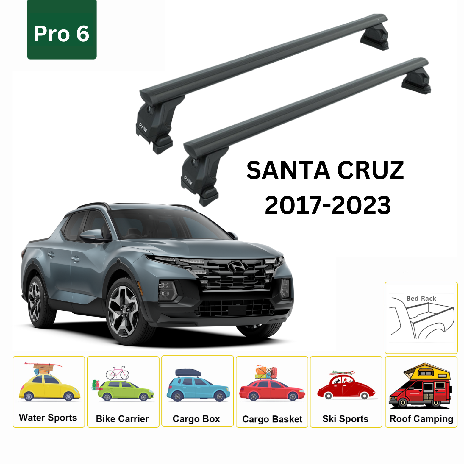 For Hyundai Santa Cruz 2017-23 Bed Rack Cross Bars Roof Rack Metal Bracket 3qty Alu Black - 0