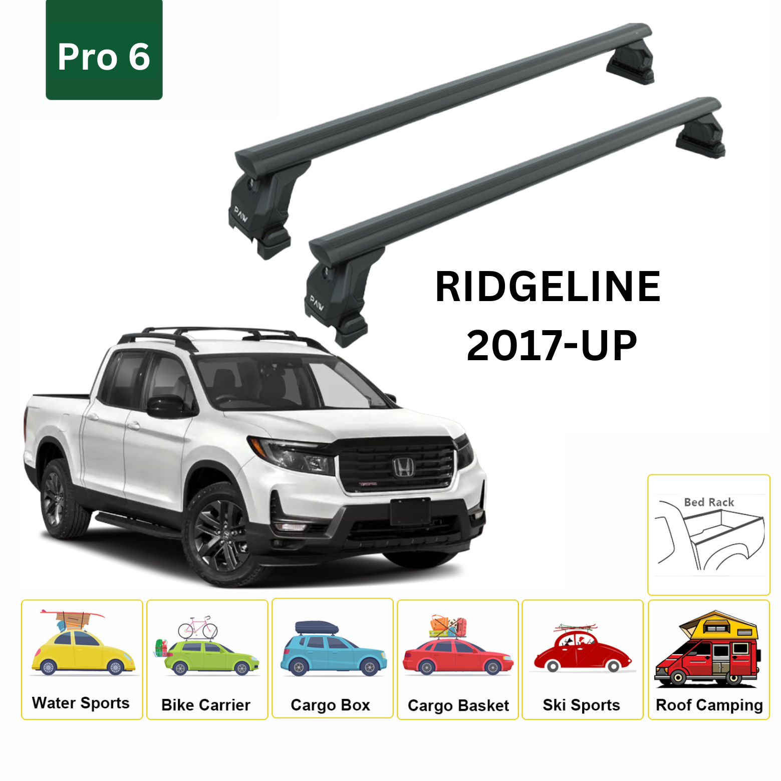 For Honda Ridgeline 2017-Up Bed Rack Cross Bars Metal Bracket Alu Black - 0