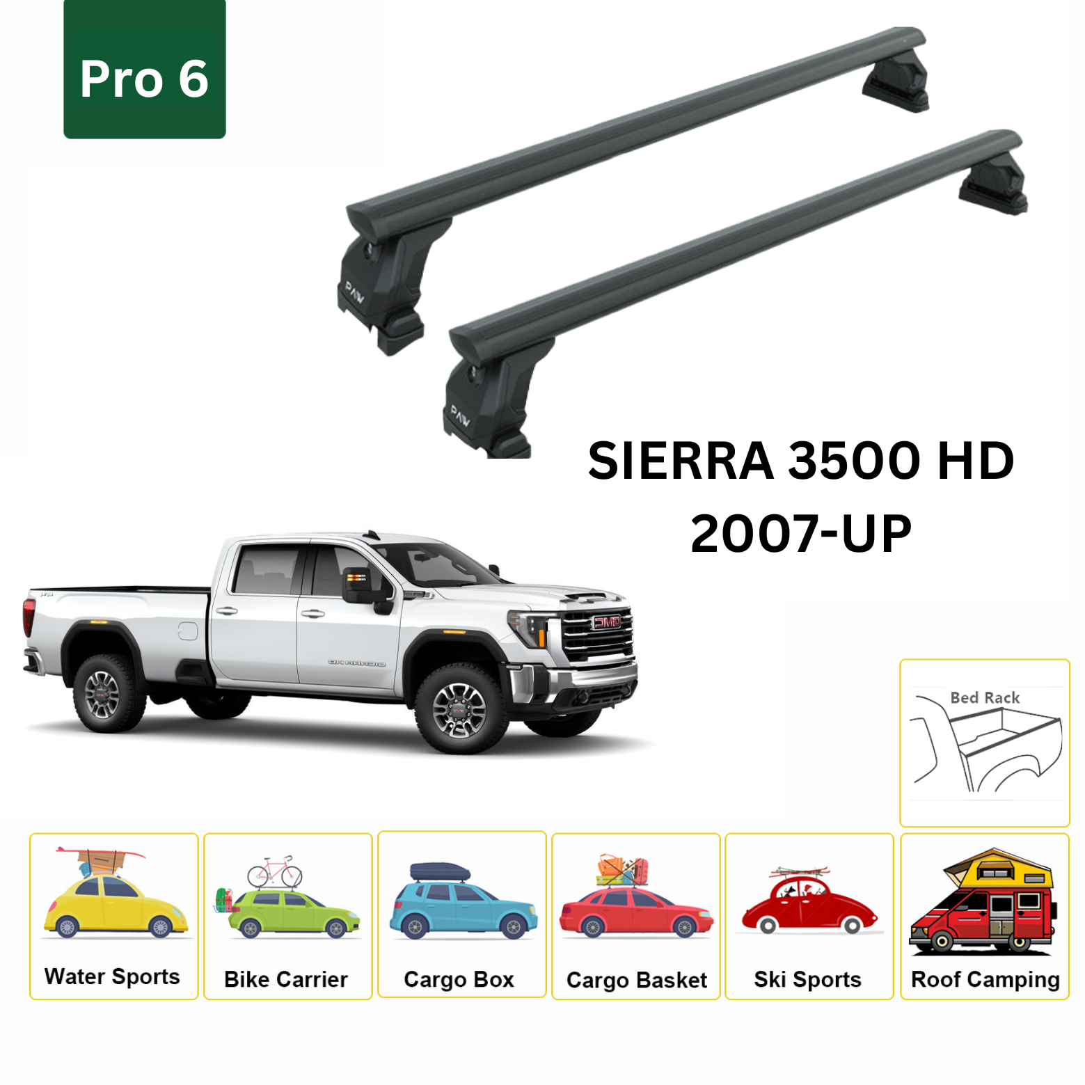 For GMC Sierra 3500 2007-Up Bed Rack Cross Bars Roof Rack Metal Bracket Alu Black - 0