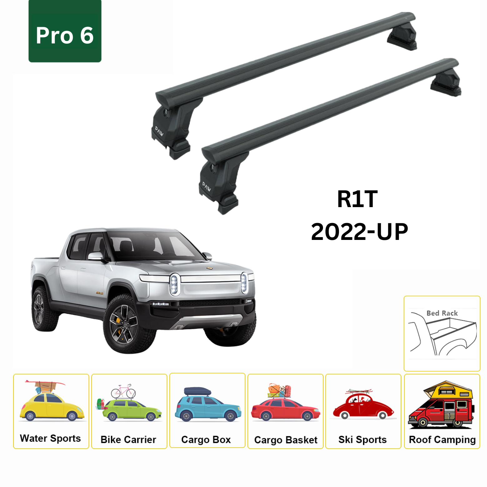 For Rivian R1T 2022-Up Bed Rack Cross Bars Metal Bracket Alu Black - 0