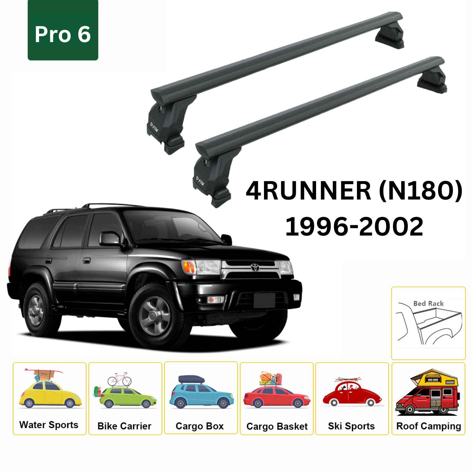 For Toyota 4Runner (N180) 1996-02 Roof Rack Cross Bars Fix Channeled Alu Black