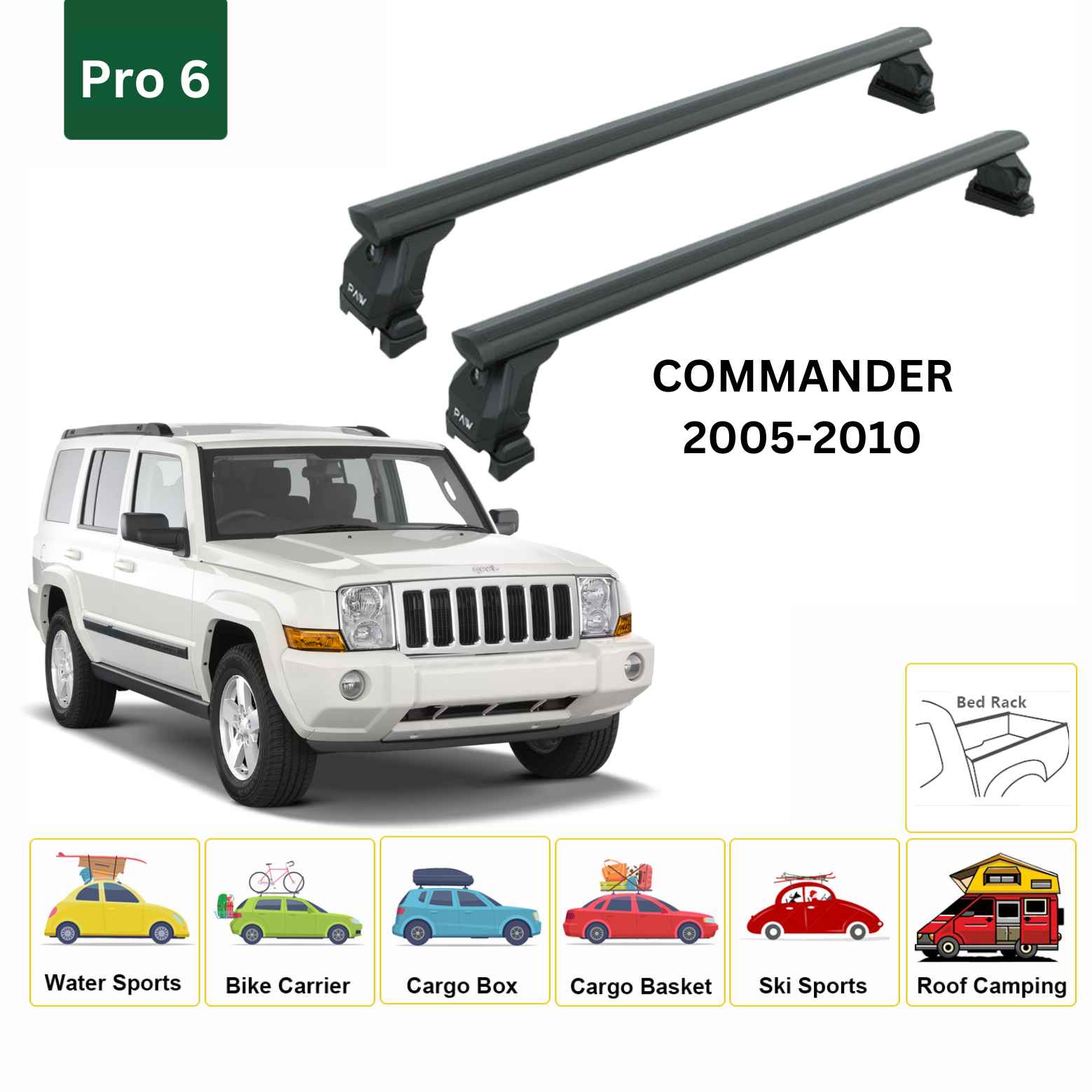 For Jeep Commander XK 2006-10 Roof Rack Cross Bars Fix Channeled Alu Black - 0