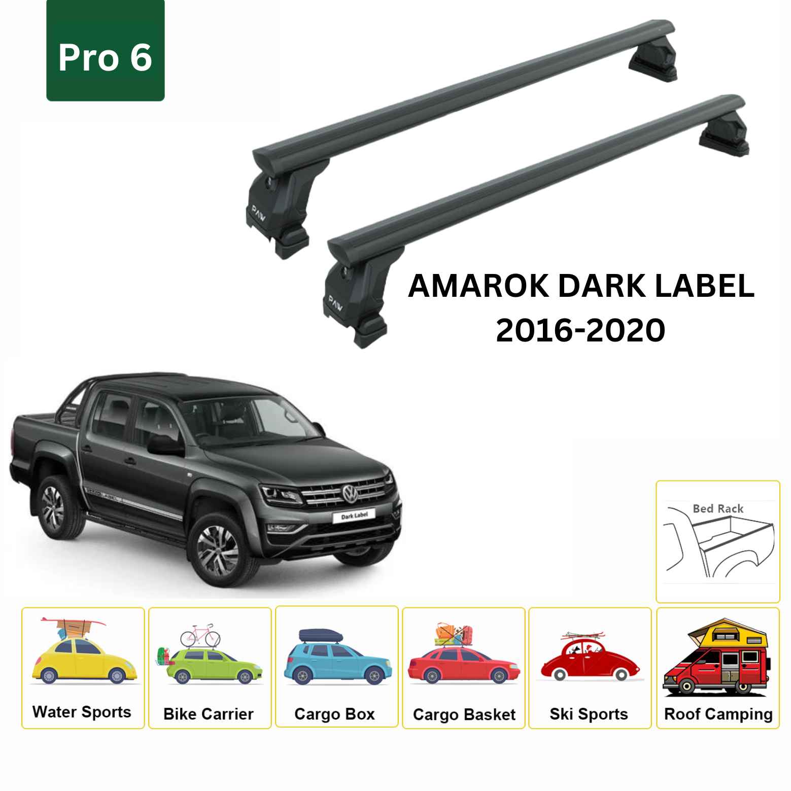 For Volkswagen Amarok Dark Label 2016-20 Cross Bars Bed Rack Alu Black - 0