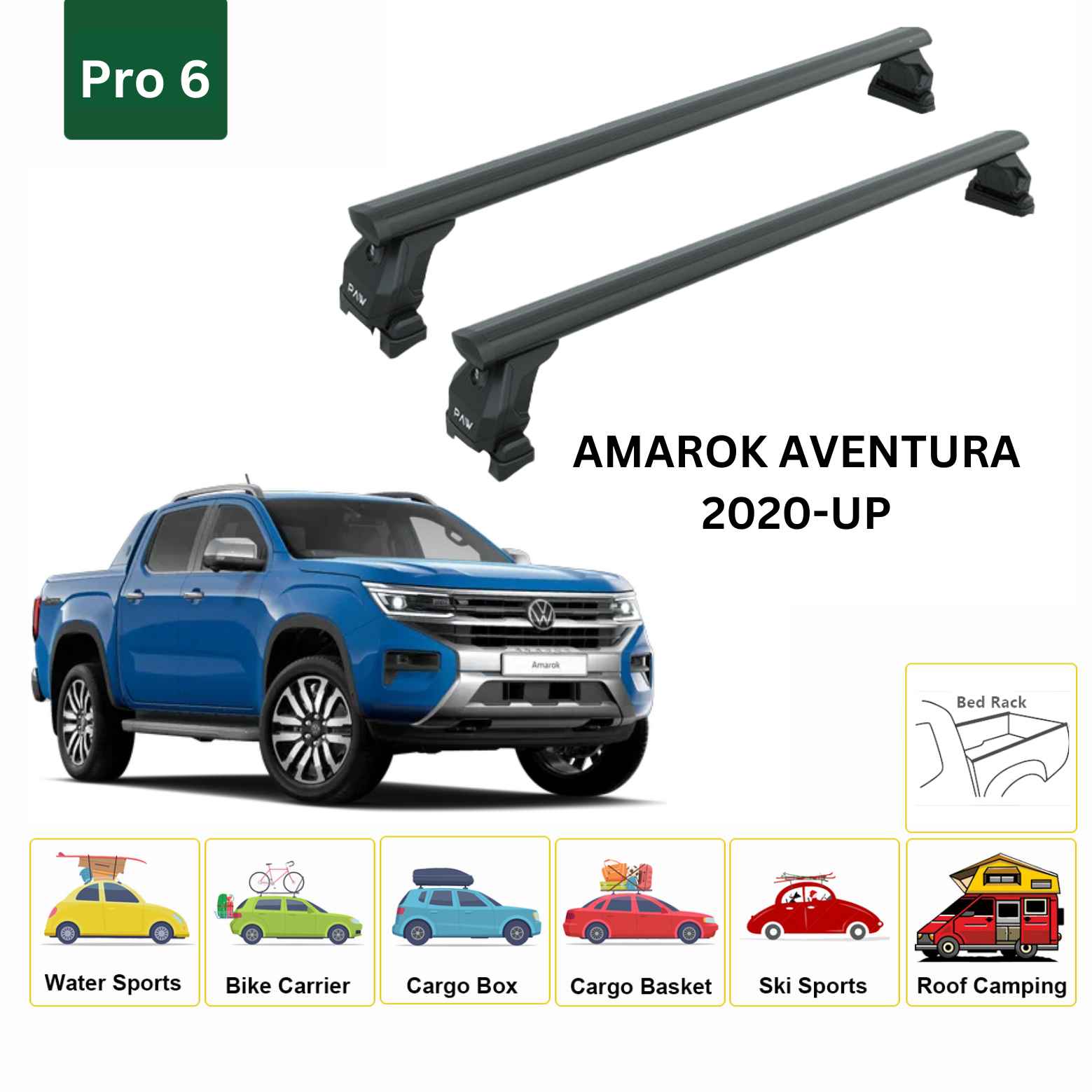 For Volkswagen Amarok Aventura 2020-Up Cross Bars Bed Rack Alu Black