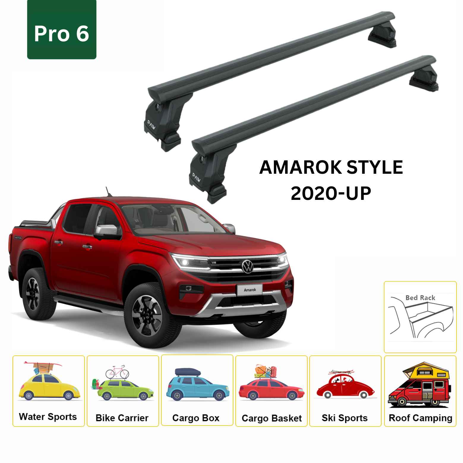 For Volkswagen Amarok Style 2020-Up Cross Bars Bed Rack Alu Black - 0