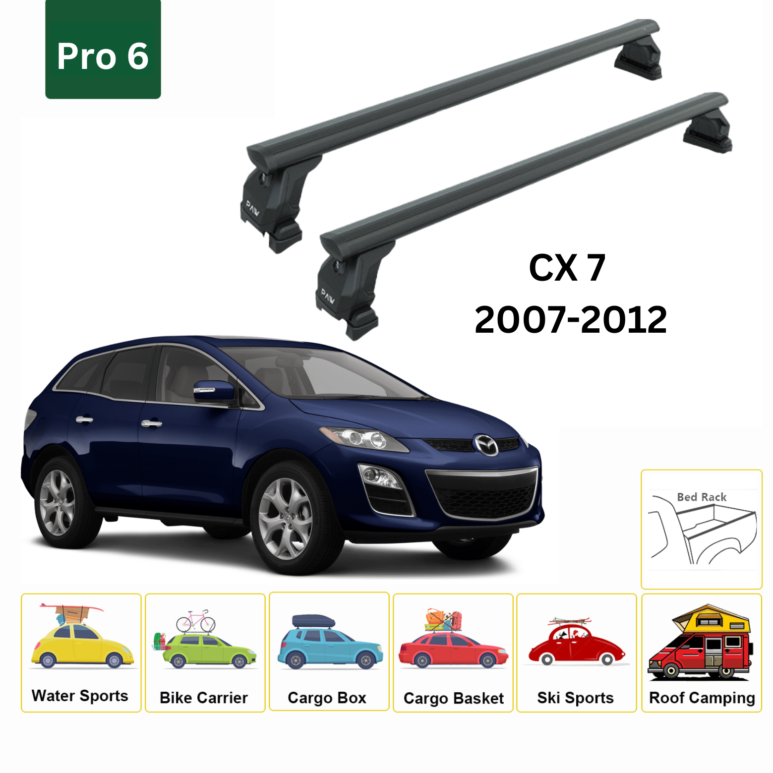 For Mazda CX-7 2007-12 Roof Rack Cross Bars Metal Bracket Fix Point Pro 6 Black