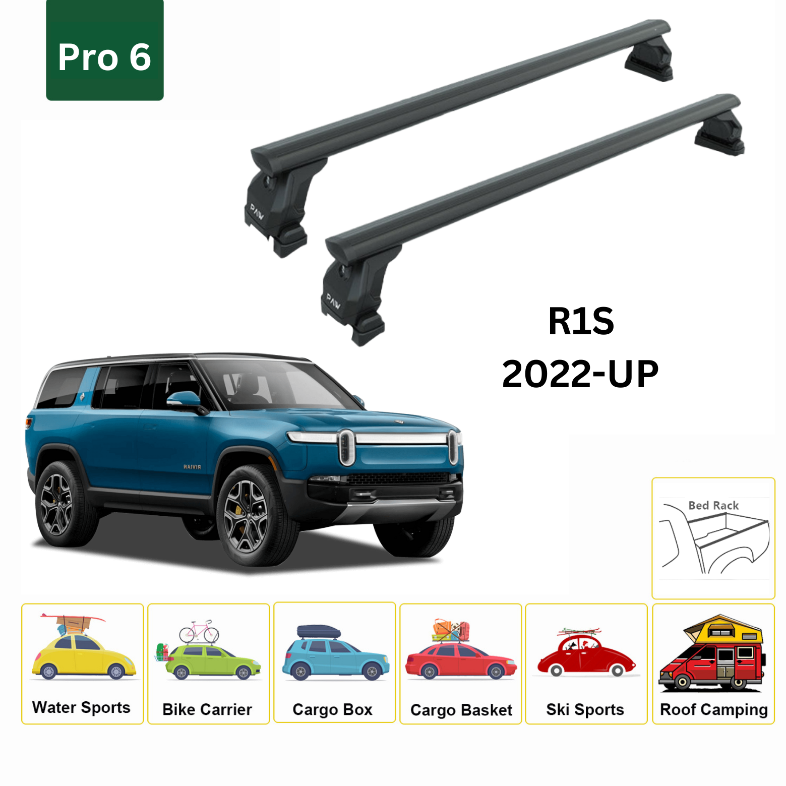 For RIVIAN R1S 2022-UP Roof Rack Cross Bars Metal Bracket Fix Point Pro 6 Alu Black