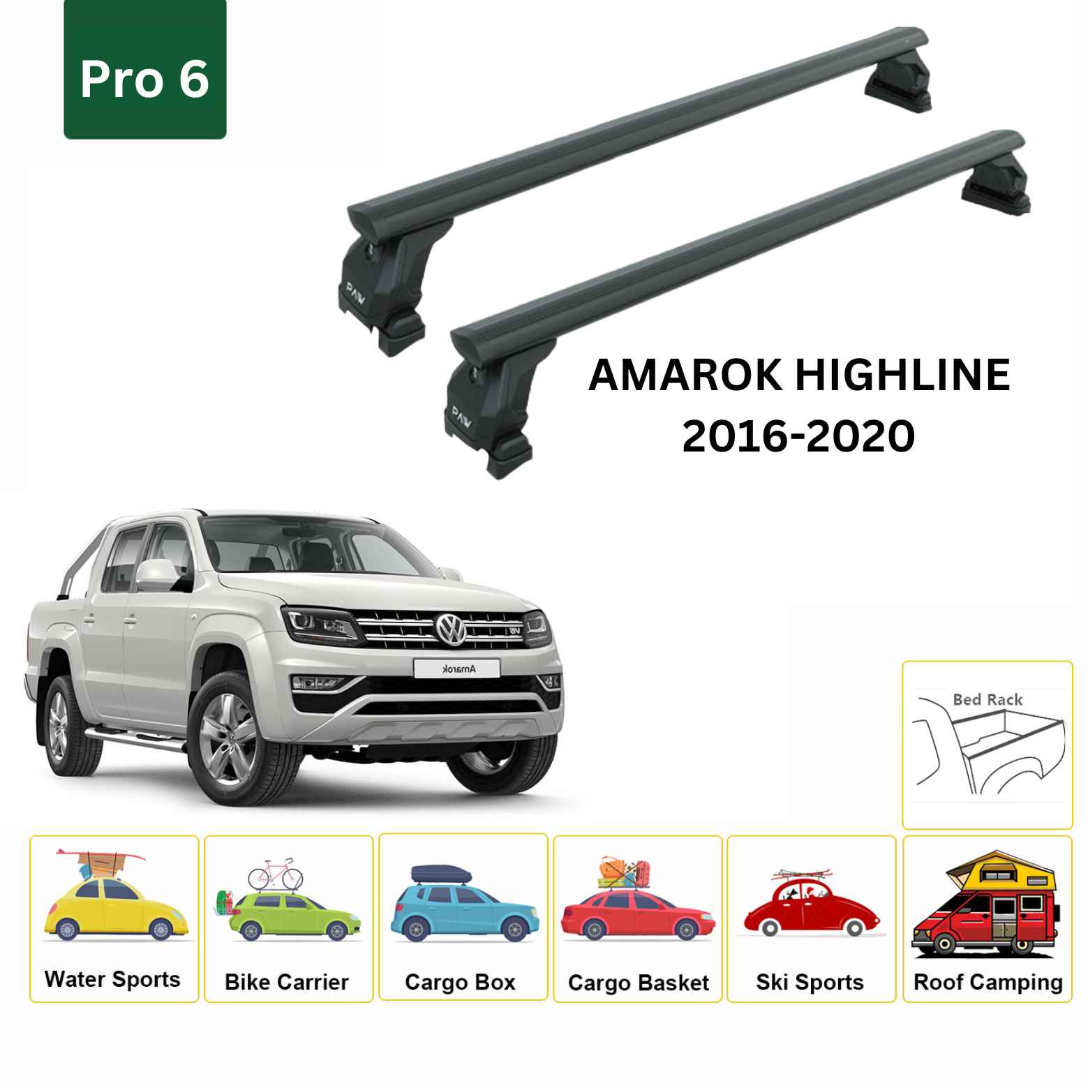 For Volkswagen Amarok Highline 2016-20 Cross Bars Bed Rack Alu Black - 0