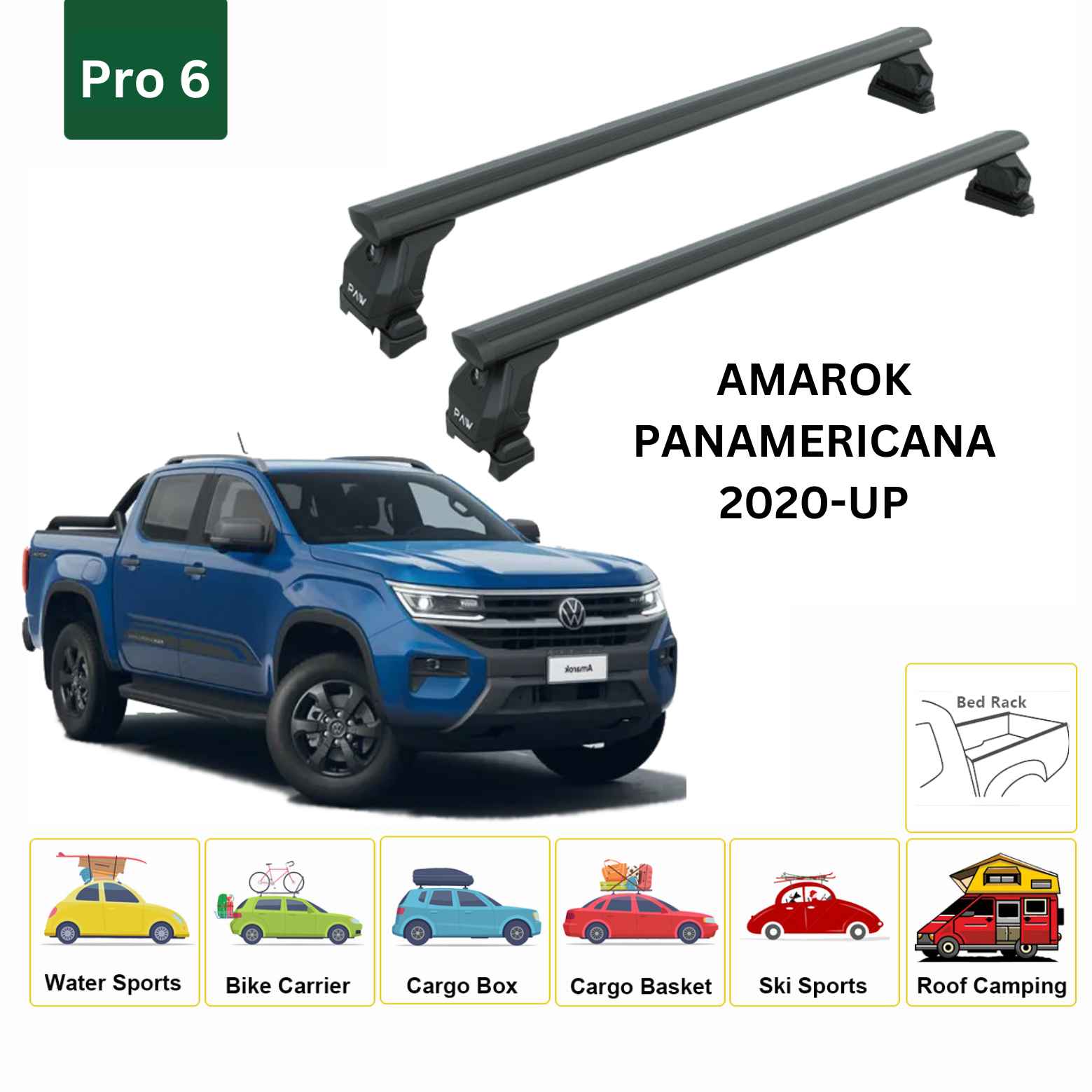 For Volkswagen Amarok Panamericana 2020-Up Cross Bars Bed Rack Alu Black