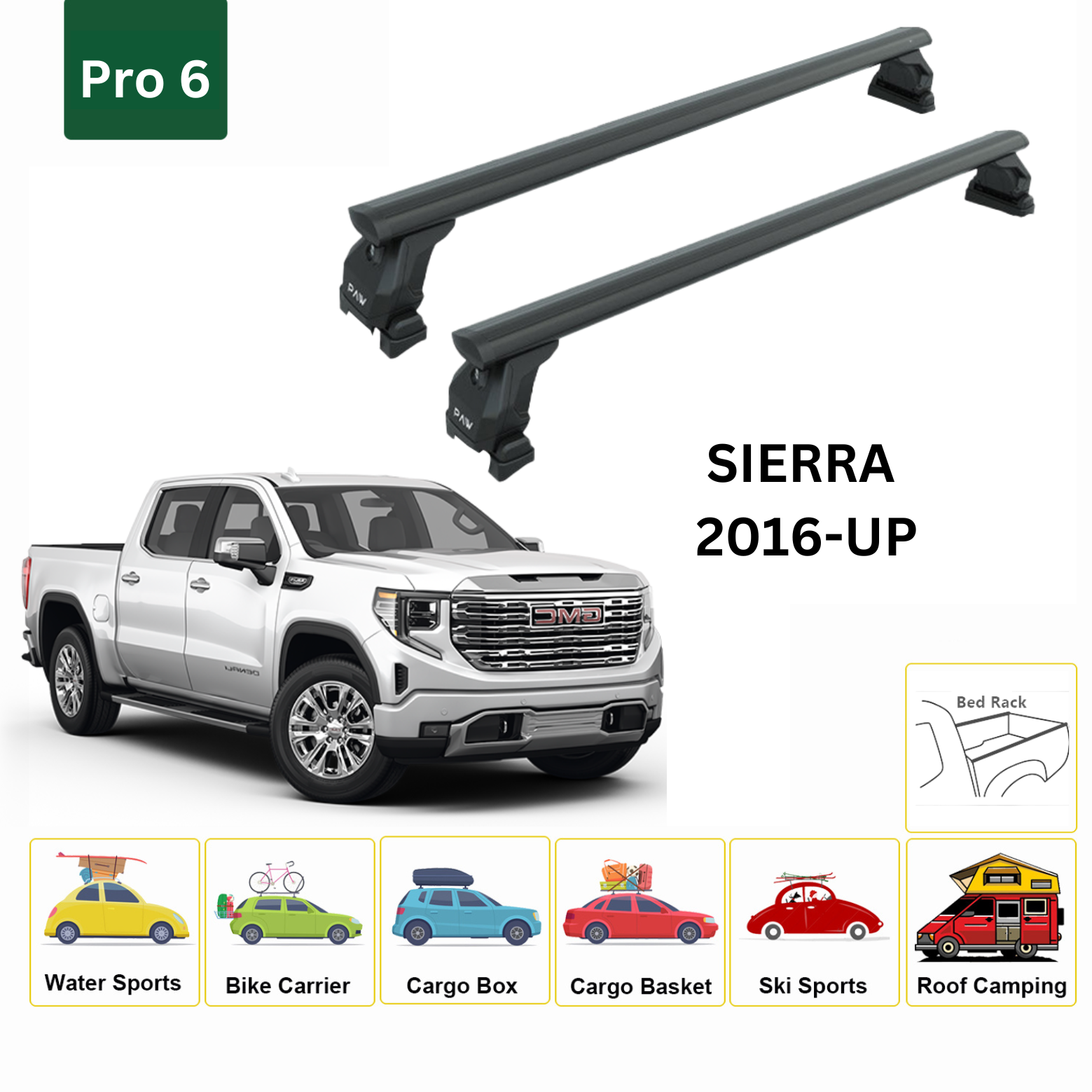 For GMC Sierra 1500 2016-Up Bed Rack Cross Bars Roof Rack Alu Black