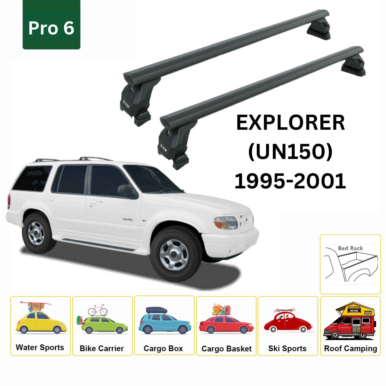 For Ford Explorer (UN150) 1995-01 Roof Rack Cross Bars Fix Point Pro 6 Alu Black - 0