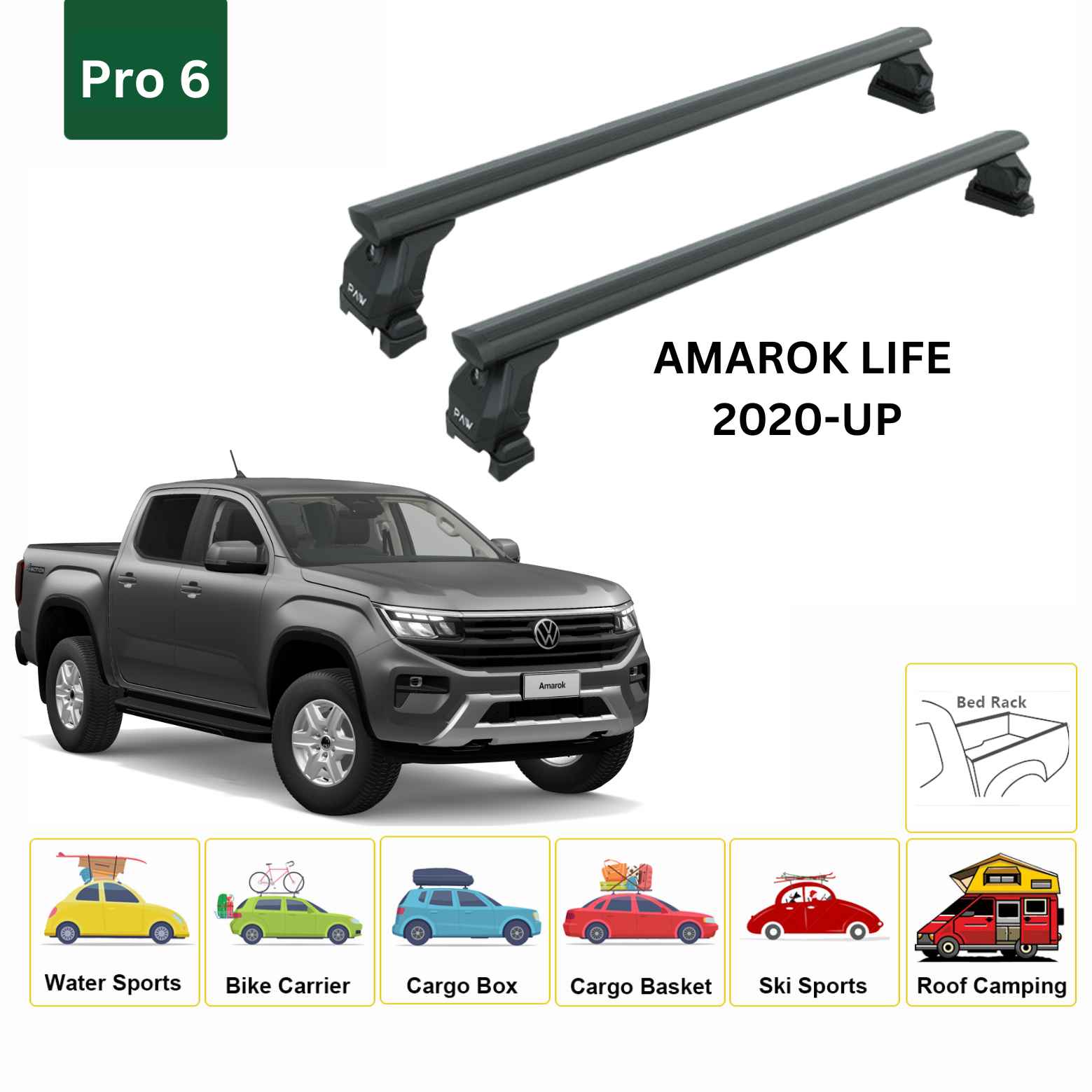 For Volkswagen Amarok Life 2020-Up Cross Bars Bed Rack Alu Black - 0