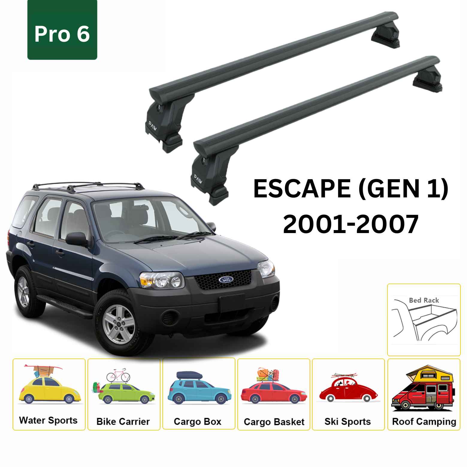 For Ford Escape (Gen 1) 2001-07 Roof Rack Cross Bars Fix Pro 6 Alu Black