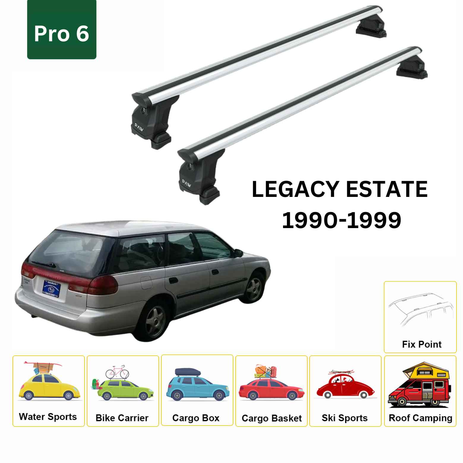 For Subaru Legacy Estate/Wagon 1990-99 Roof Rack Cross Bars Fix Point Alu Silver - 0