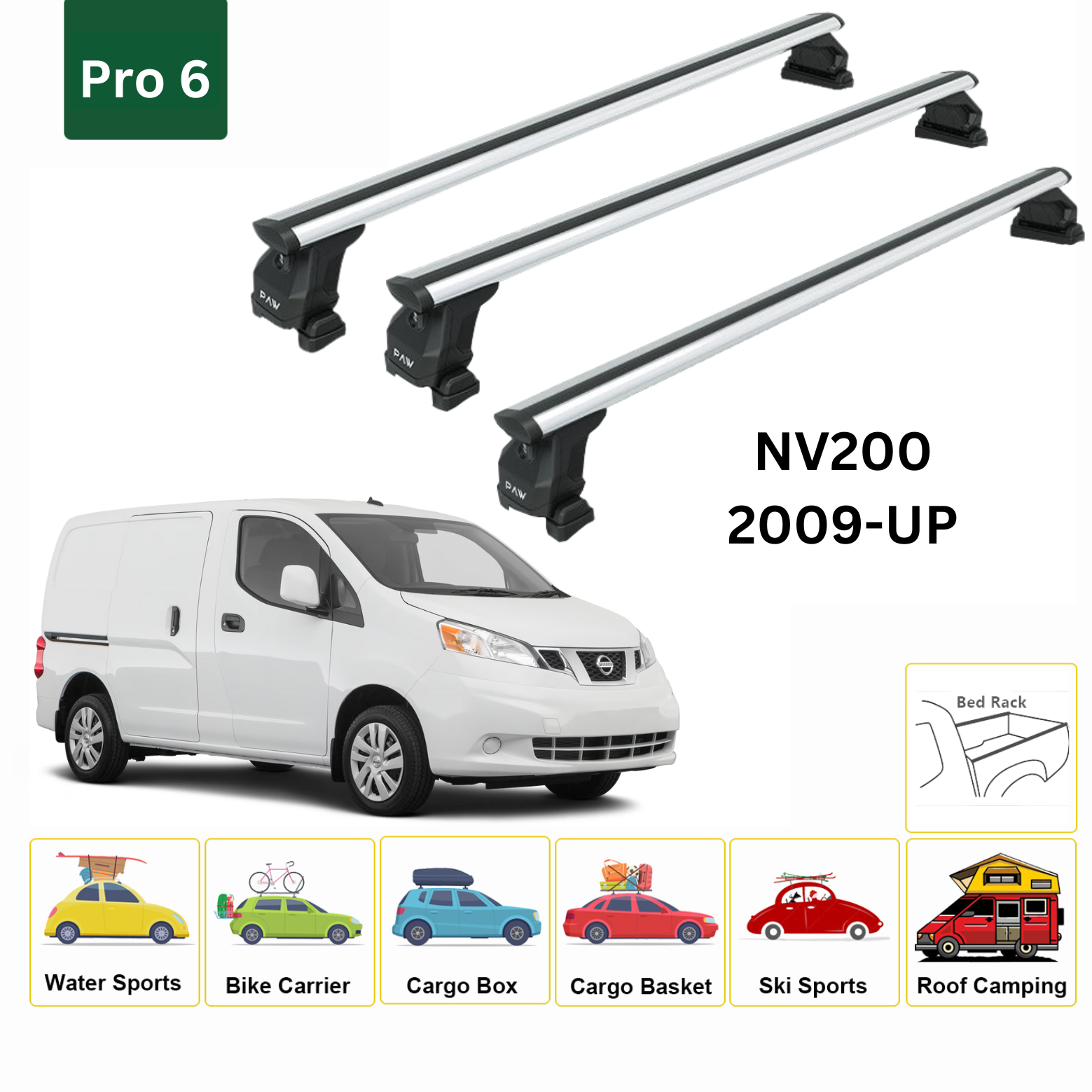 For Nissan NV200 2009-Up 3Qty Roof Rack Cross Bars Fix Point Pro 6 Alu Silver - 0