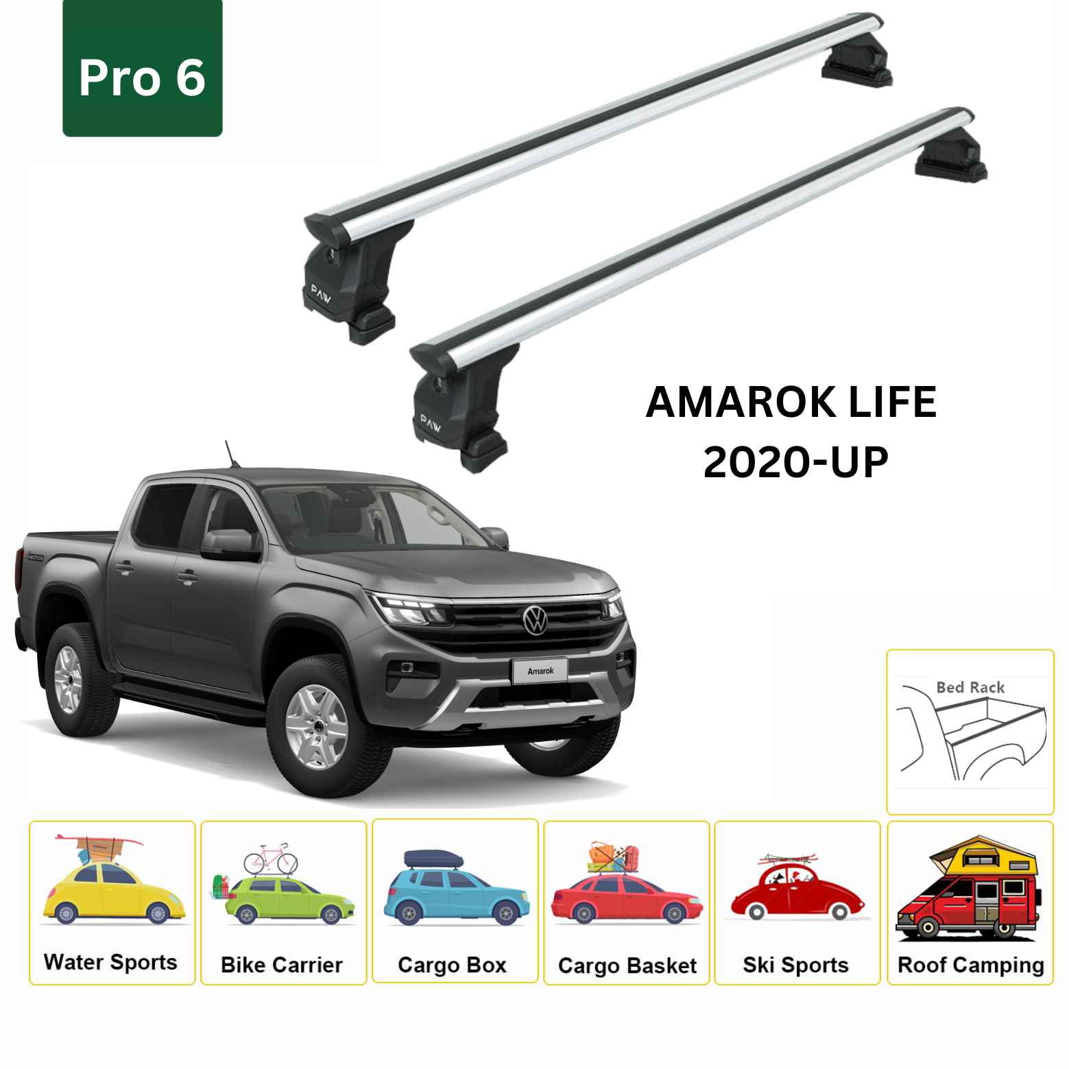 For Volkswagen Amarok Life 2020-Up Cross Bars Bed Rack Alu Silver - 0