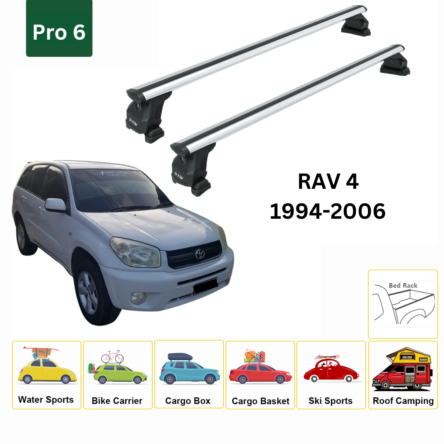 For Toyota Rav 4 1994-2006 Roof Rack Cross Bars Metal Bracket Fix Point Pro 6 Alu Silver-2