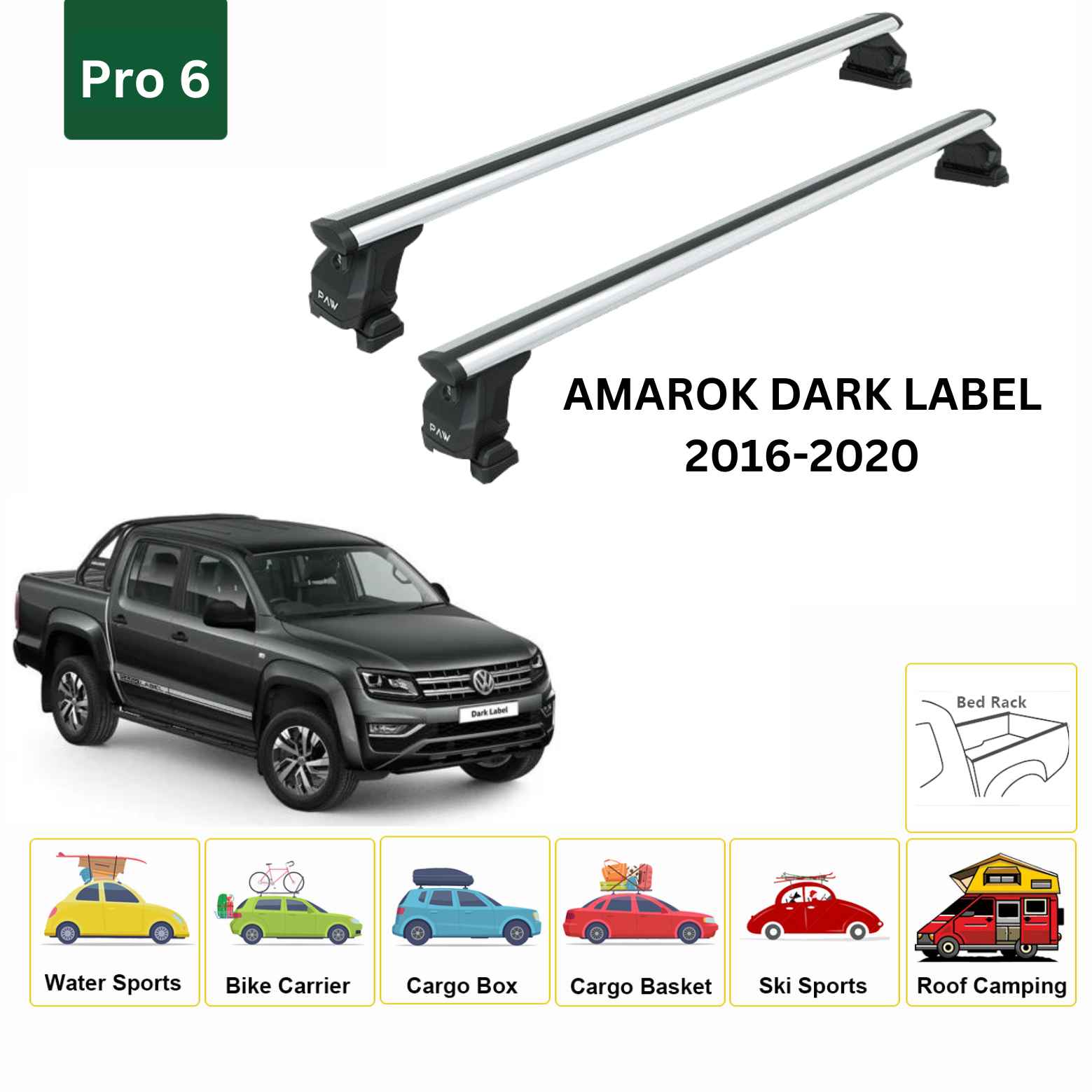 For Volkswagen Amarok Dark Label 2016-20 Cross Bars Bed Rack Alu Silver - 0
