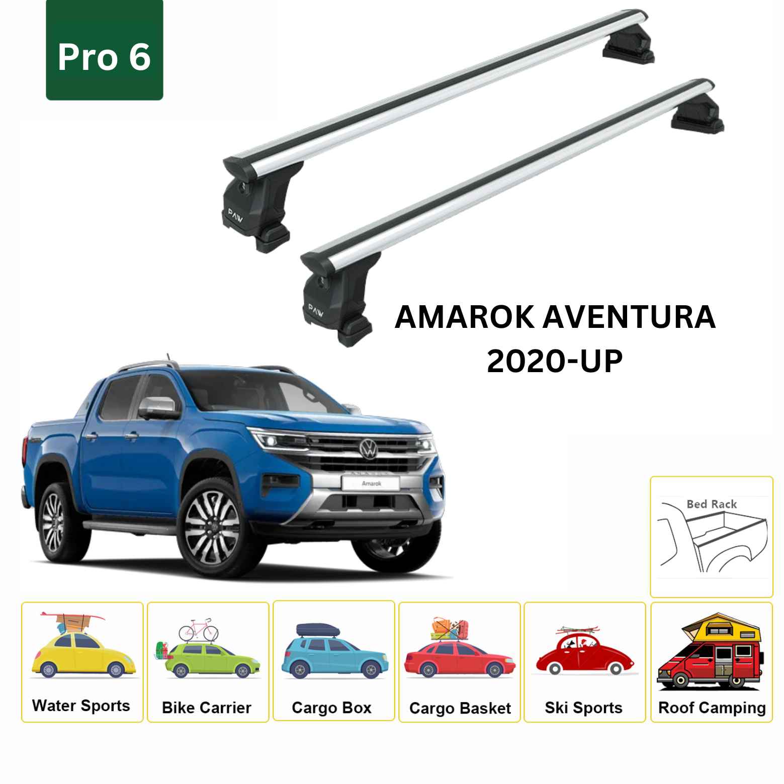 For Volkswagen Amarok Aventura 2020-Up Cross Bars Bed Rack Alu Silver - 0