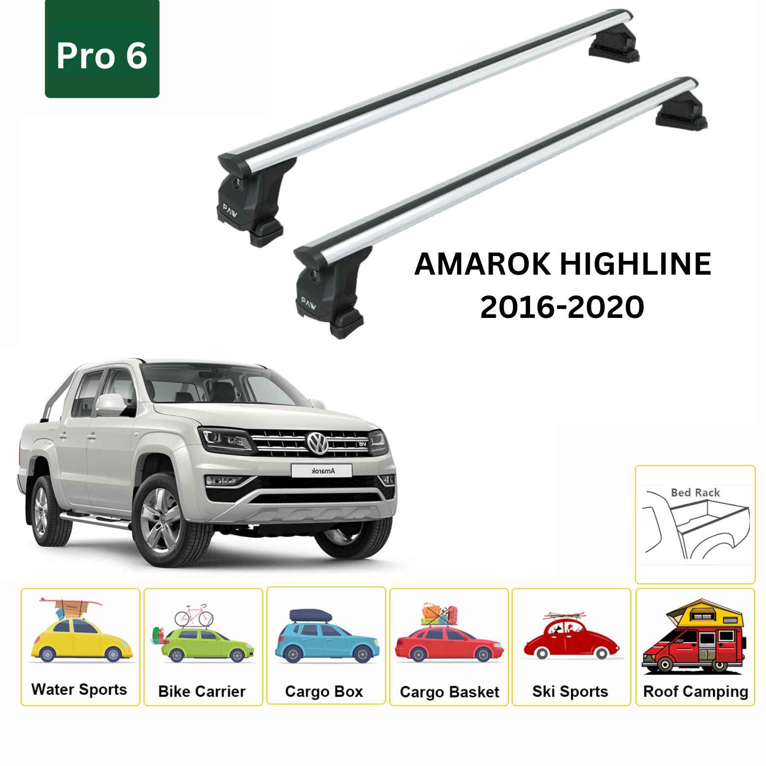 For Volkswagen Amarok Highline 2016-20 Cross Bars Bed Rack Alu Silver - 0