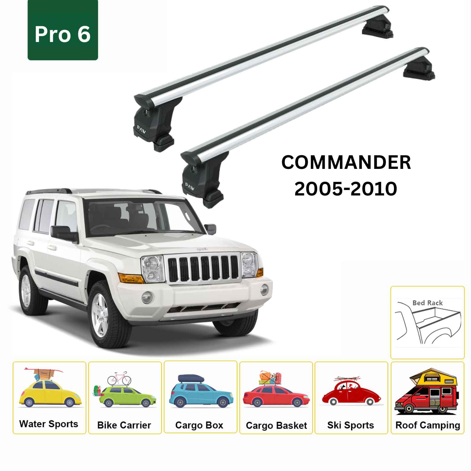 For Jeep Commander XK 2006-10 Roof Rack Cross Bars Fix Channeled Alu Silver