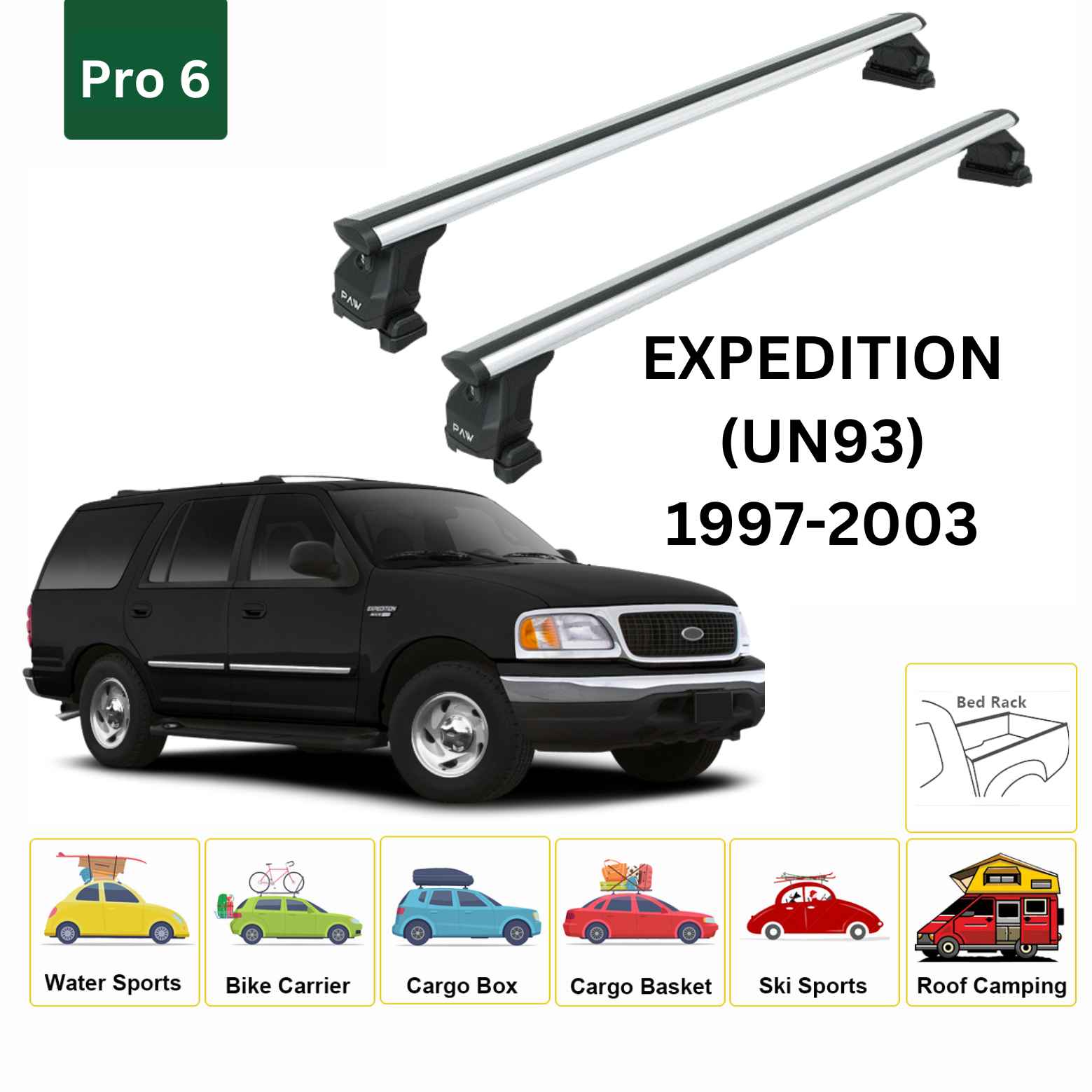 For Ford Expedition (UN93) 1997-03 Roof Rack Cross Bars Fix Pro 6 Alu Silver