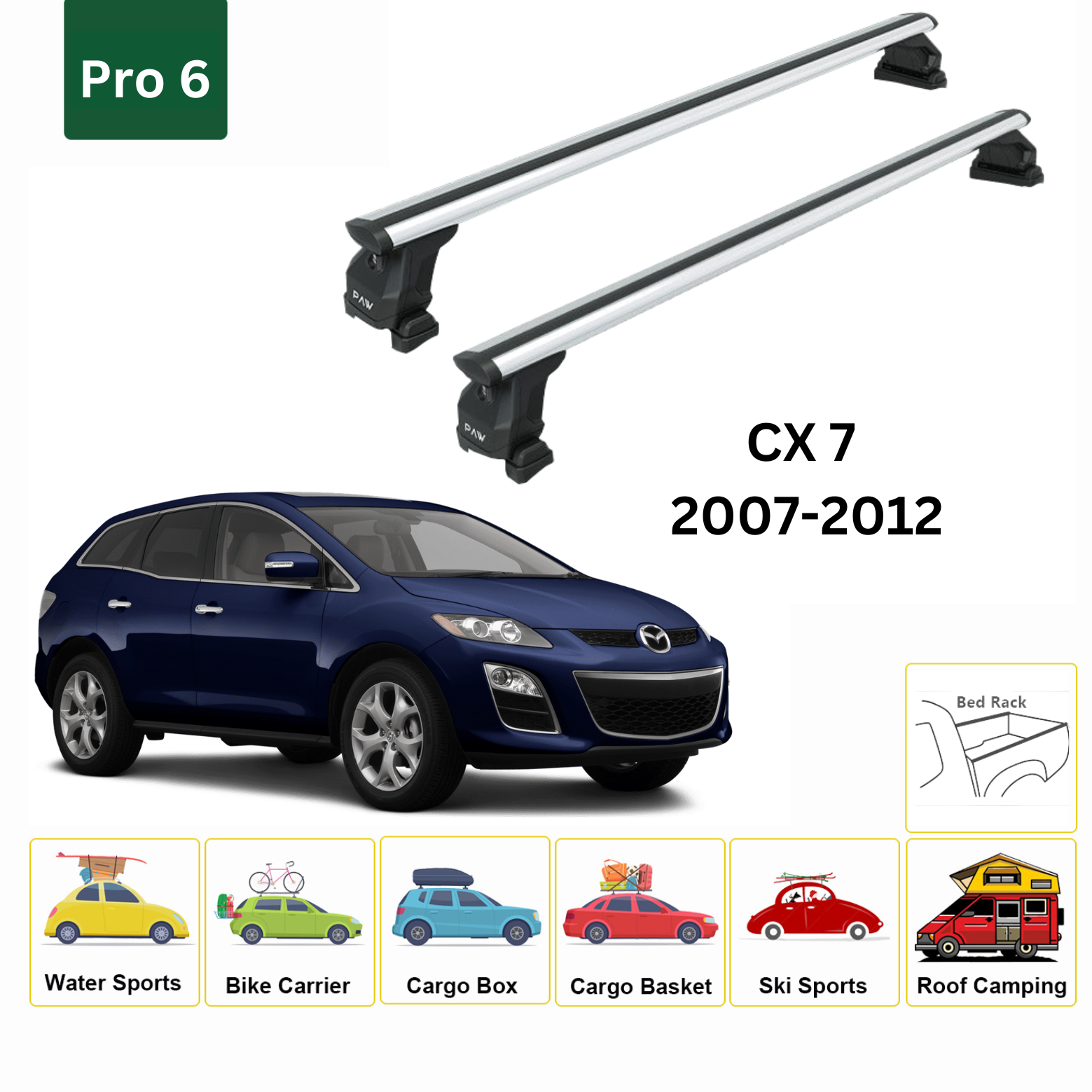 For Mazda CX-7 2007-12 Roof Rack Cross Bars Fix Point Pro 6 Silver