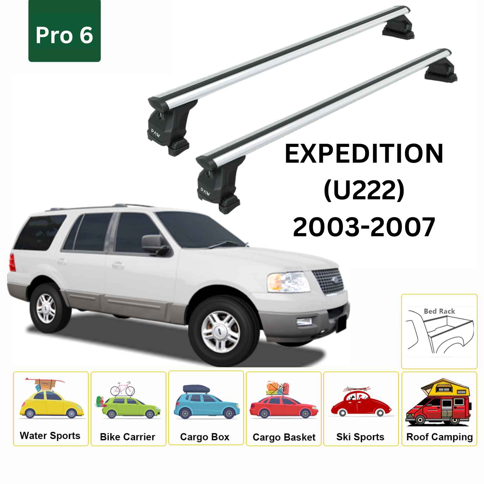 For Ford Expedition (U222) 2003-07 Roof Rack Cross Bars Fix Pro 6 Alu Silver