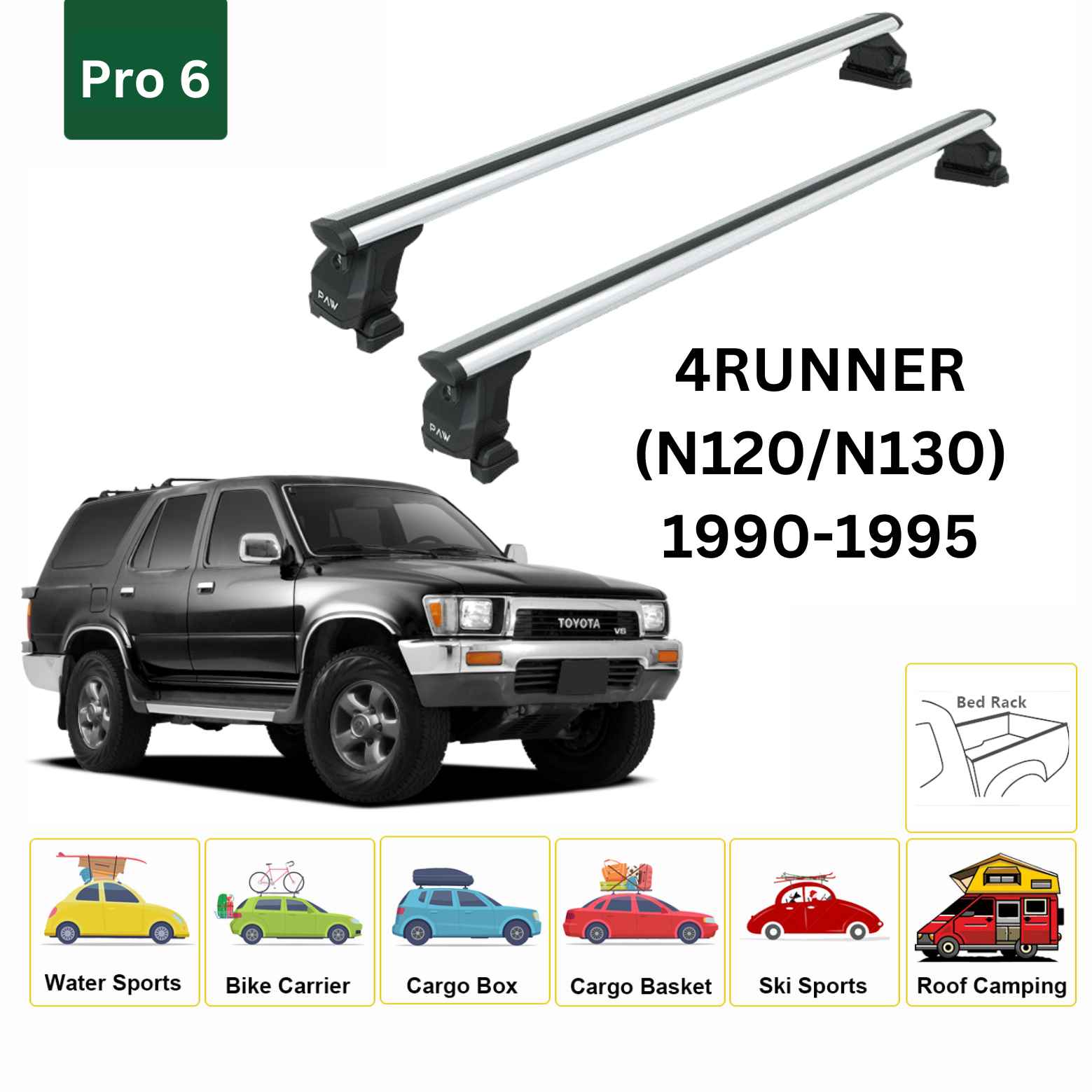 For Toyota 4Runner (N120/30) 1990-95 Roof Rack Cross Bars Fix Channeled Alu Silver