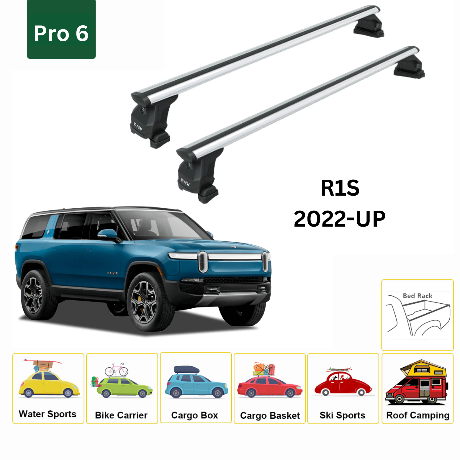 For RIVIAN R1S 2022-UP Roof Rack Cross Bars Metal Bracket Fix Point Pro 6 Alu Silver - 0