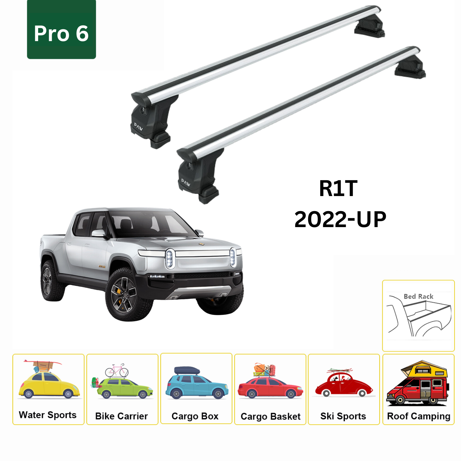 For Rivian R1T 2022-Up Roof Rack Cross Bars Metal Bracket Fix Point Pro 6 Alu Silver - 0