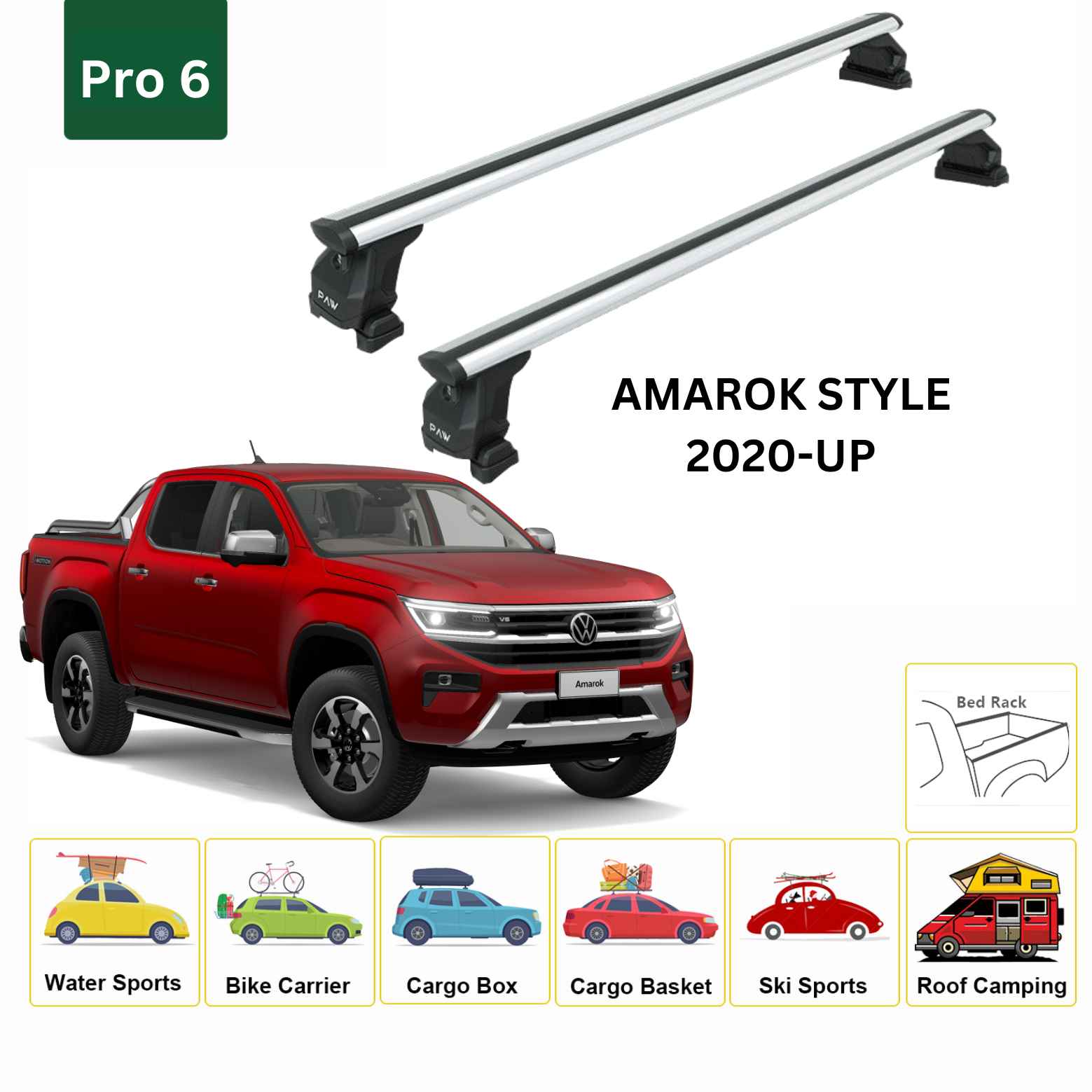 For Volkswagen Amarok Style 2020-Up Cross Bars Bed Rack Alu Silver