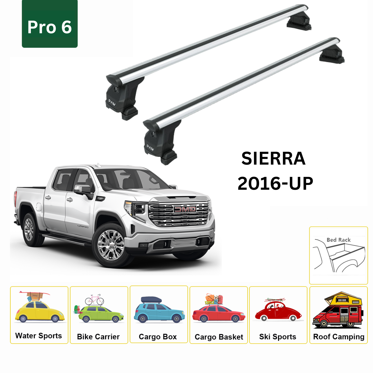 For GMC Sierra 1500 2016-Up Bed Rack Cross Bars Roof Rack Alu Silver - 0