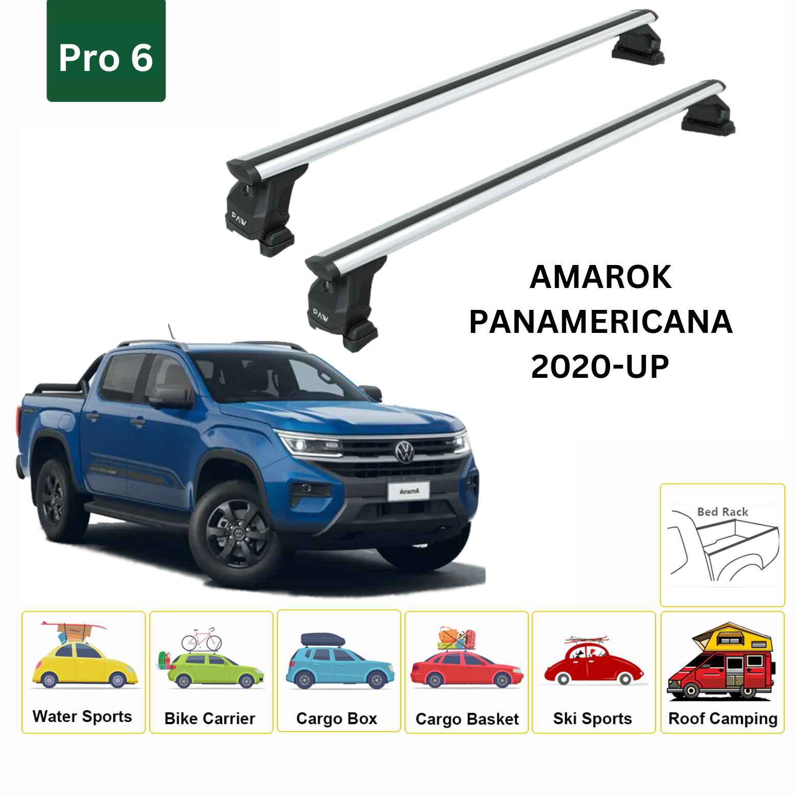 For Volkswagen Amarok Panamericana 2020-Up Cross Bars Bed Rack Alu Silver - 0