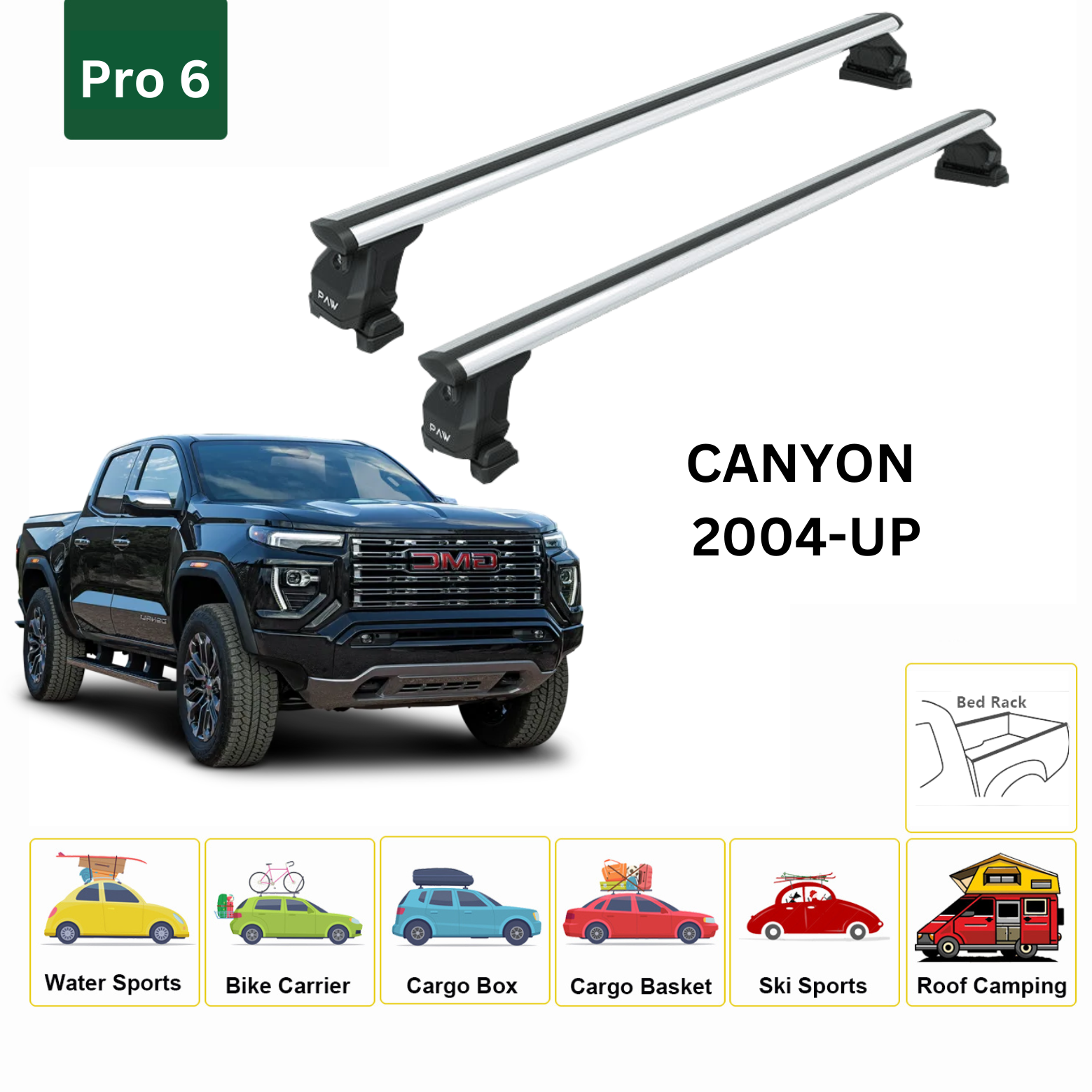For GMC Canyon 2004-Up Bed Rack Cross Bars Alu Silver - 0
