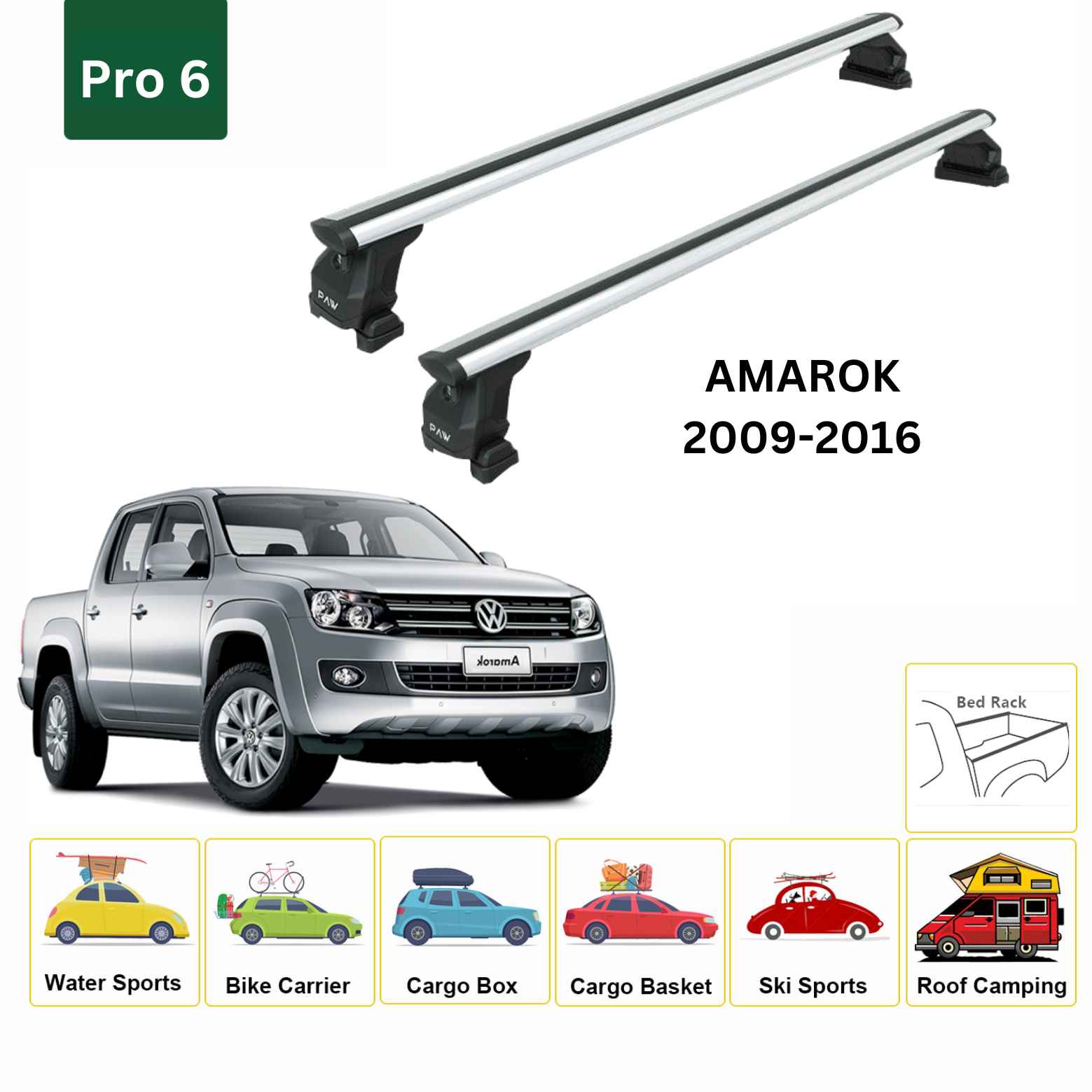 For Volkswagen Amarok 2009-16 Cross Bars Bed Rack Alu Silver