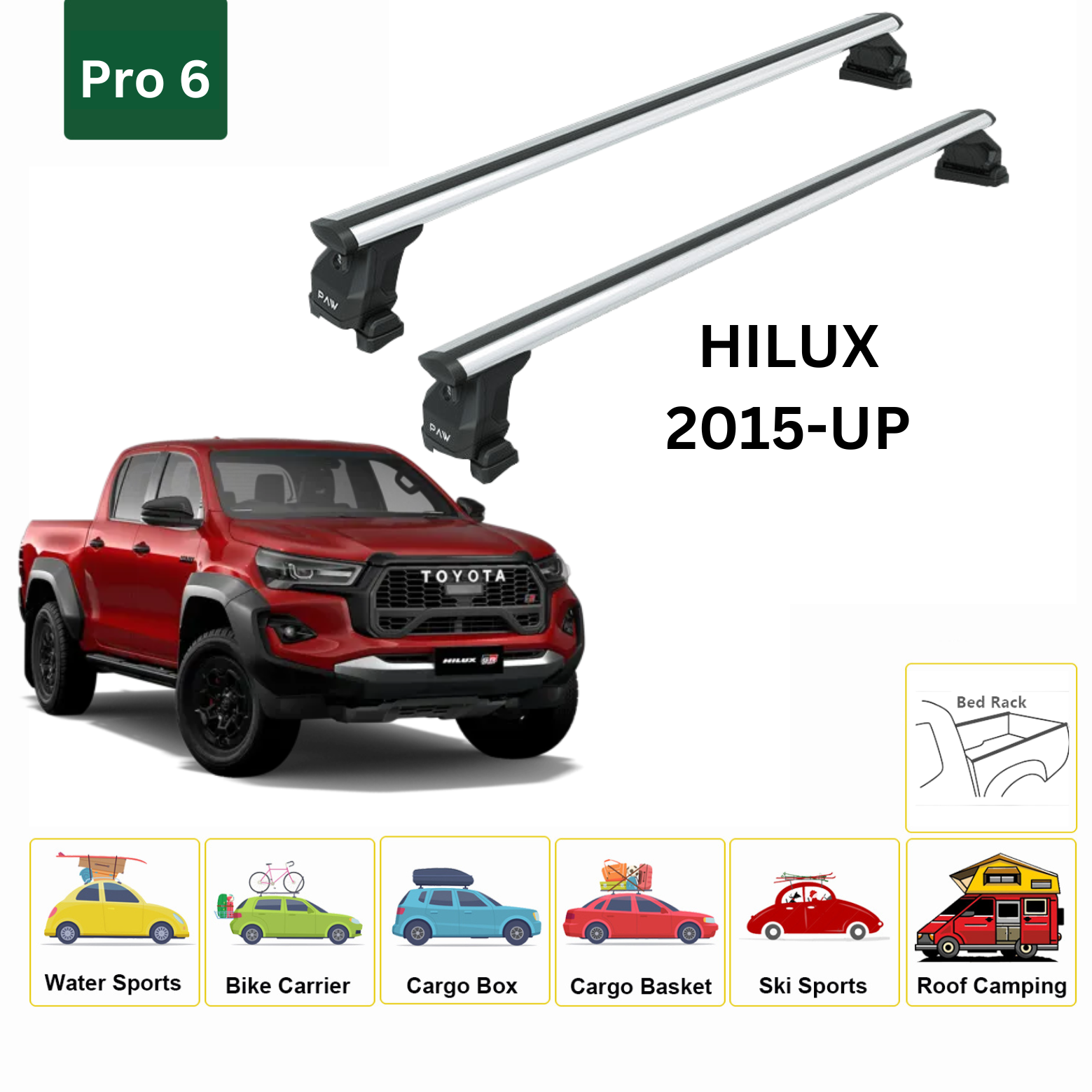 For Toyota Hilux 2015-Up Bed Rack Cross Bar Roof Rack Metal Bracket Alu Silver