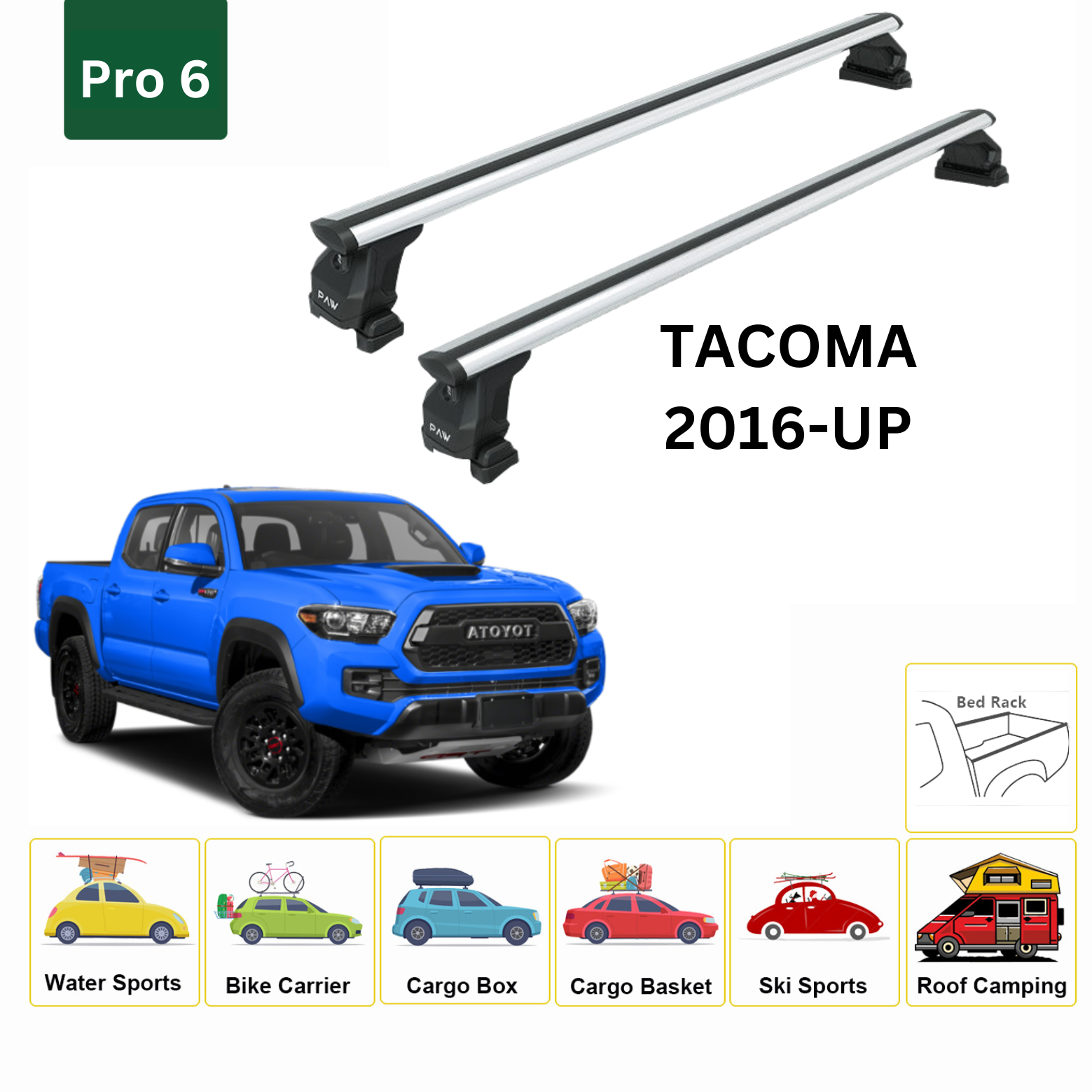 For Toyota Tacoma 2016-Up Bed Rack Cross Bar Roof Rack Alu Silver - 0