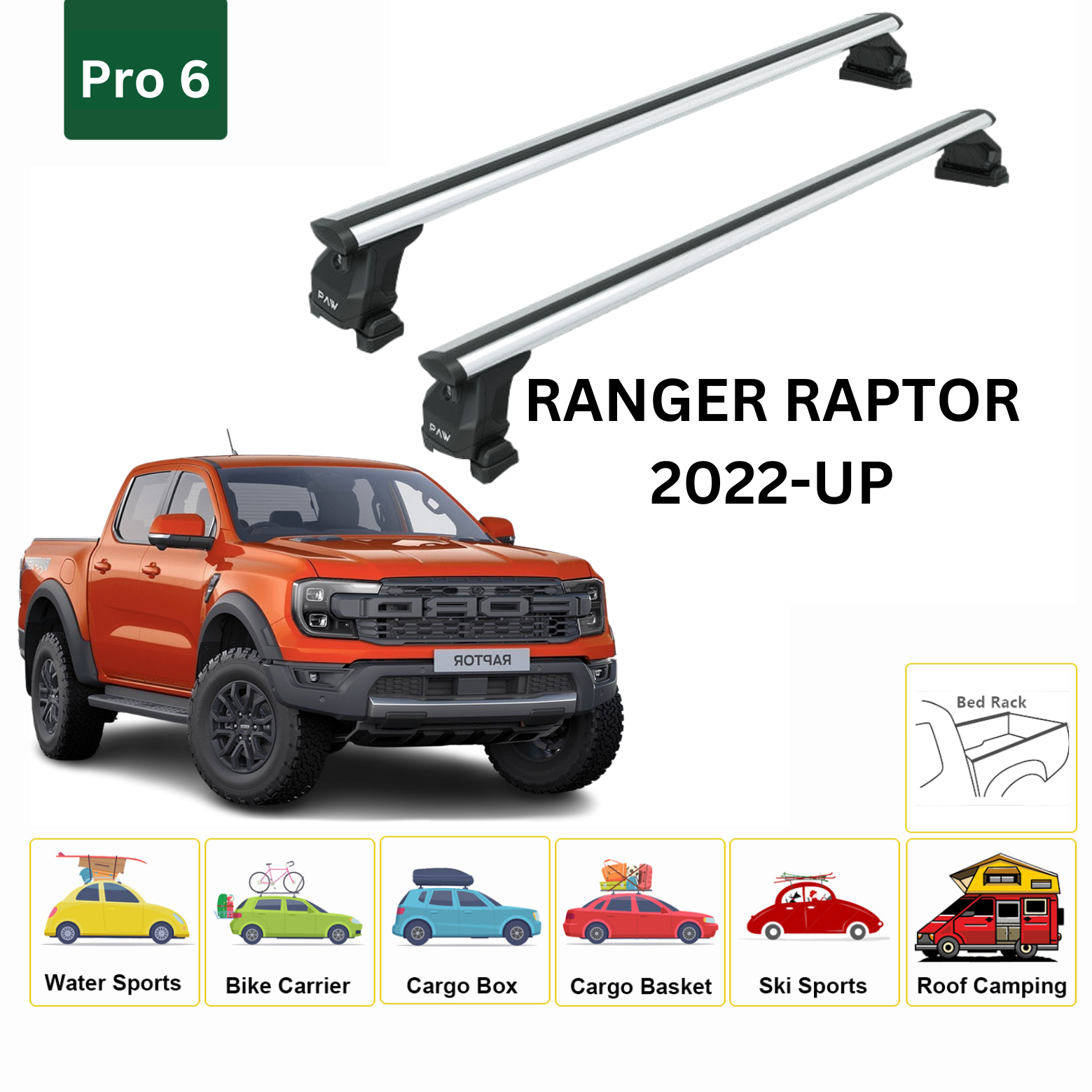 For Ford Ranger Raptor 2022- Up Bed Rack Cross Bars Metal Bracket Alu Silver - 0