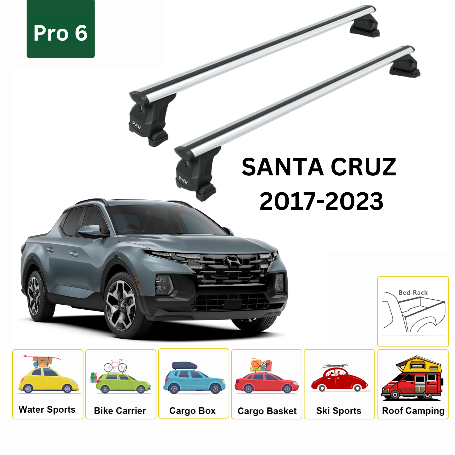 For Hyundai Santa Cruz 2017-23 Bed Rack Cross Bars Roof Rack Alu Silver - 0