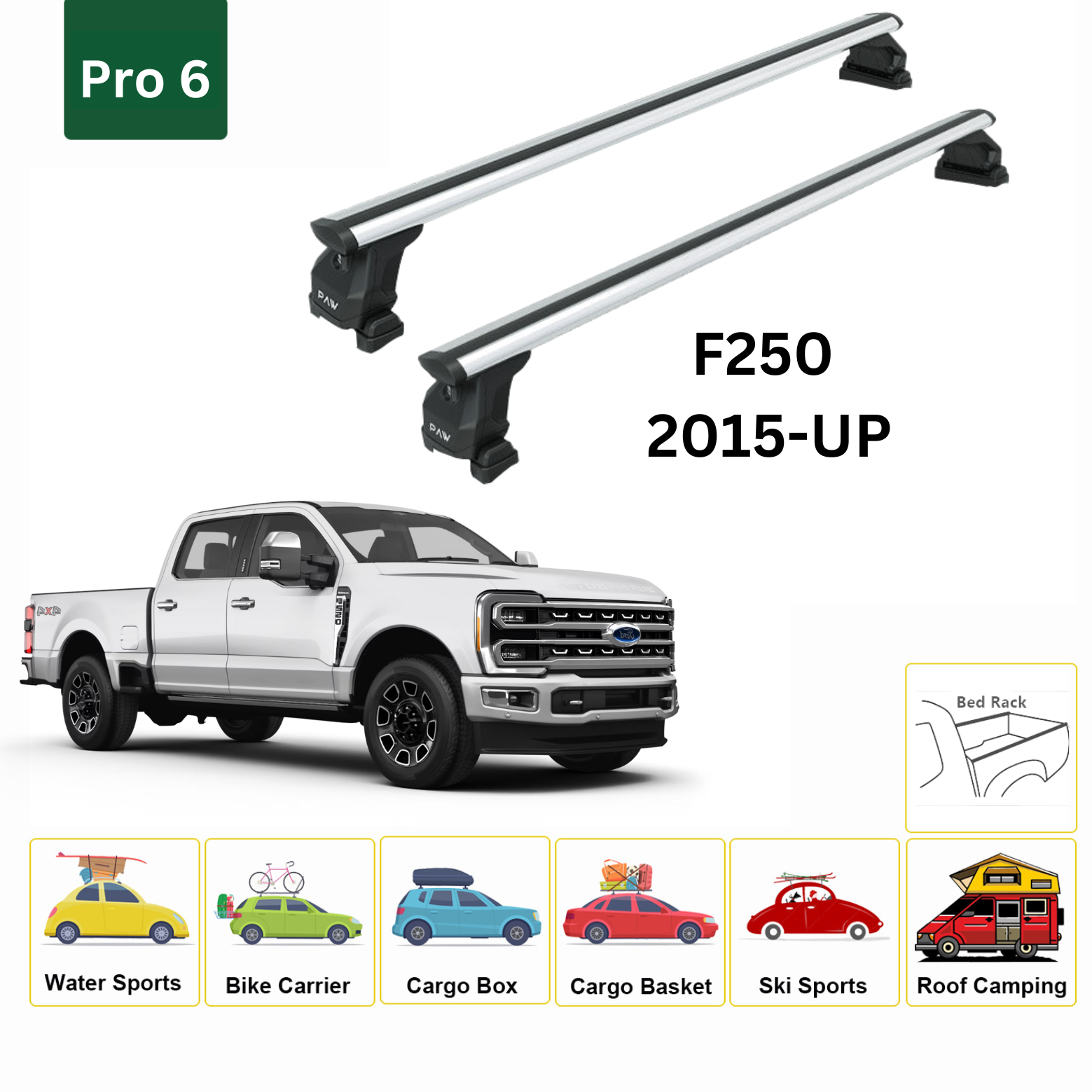 For Ford F250 2015-Up Bed Rack Cross Bars Alu Silver - 0