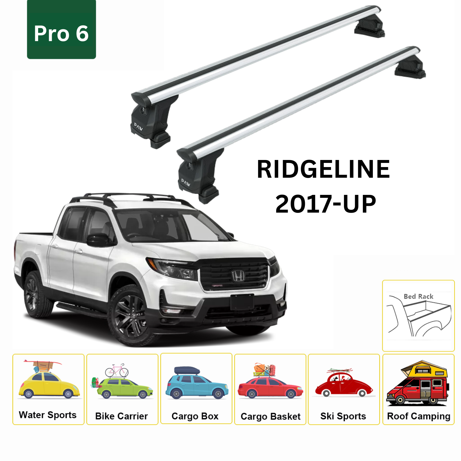 For Honda Ridgeline 2017-Up Bed Rack Cross Bars Metal Bracket Alu Silver - 0