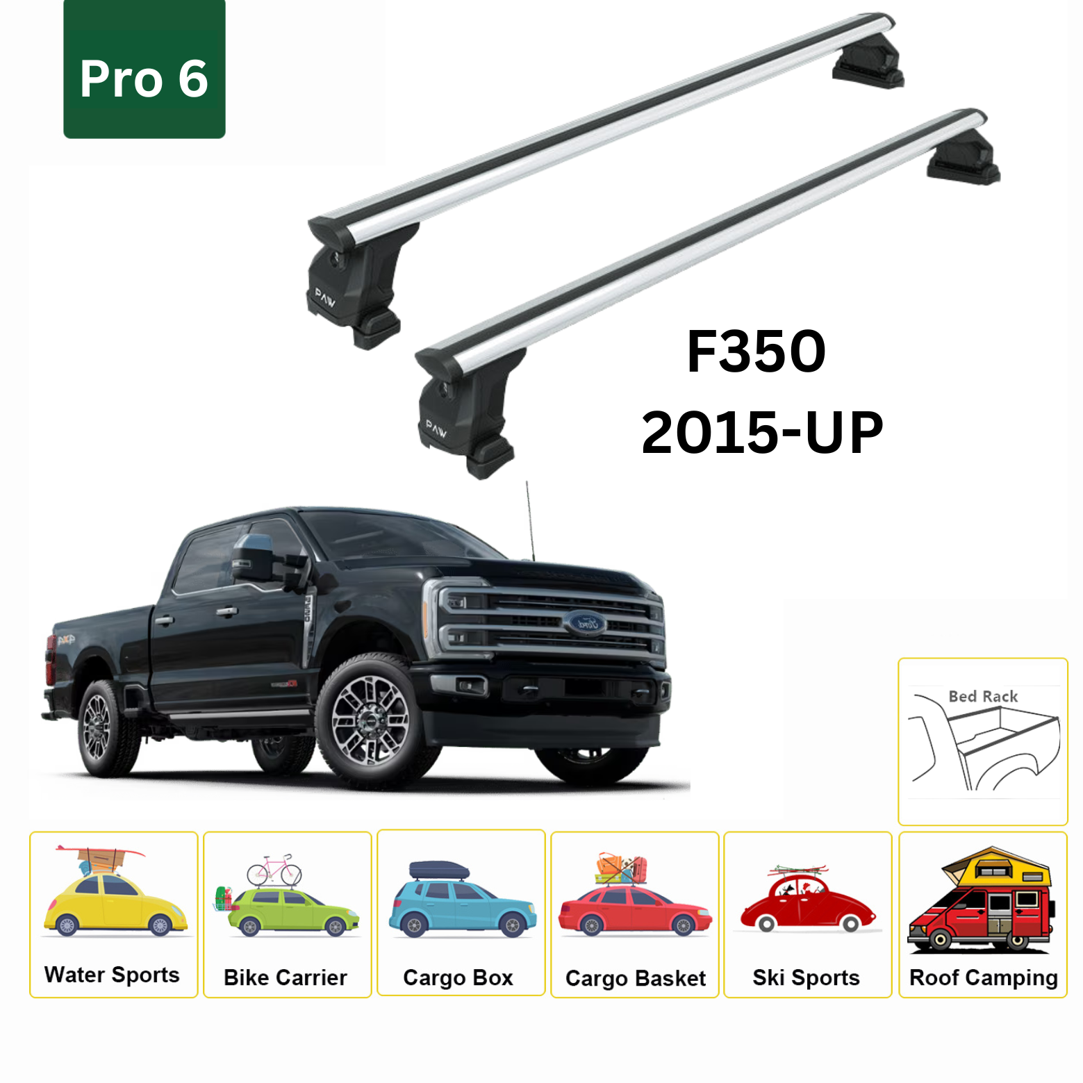 For Ford F350 2015-Up Bed Rack Cross Bars Alu Silver