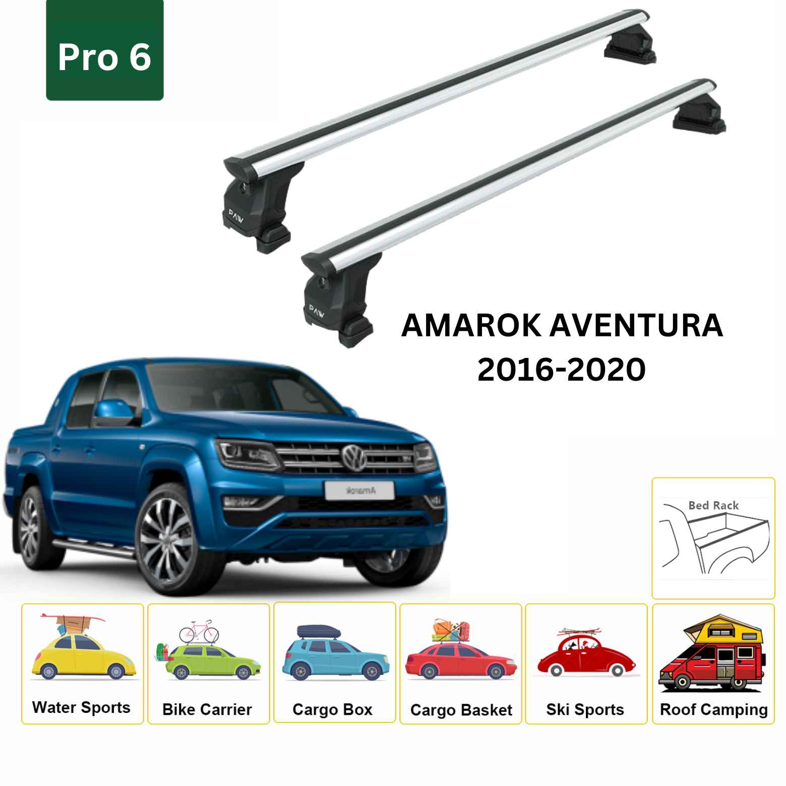 For Volkswagen Amarok Aventura 2016-20 Cross Bars Bed Rack Alu Silver