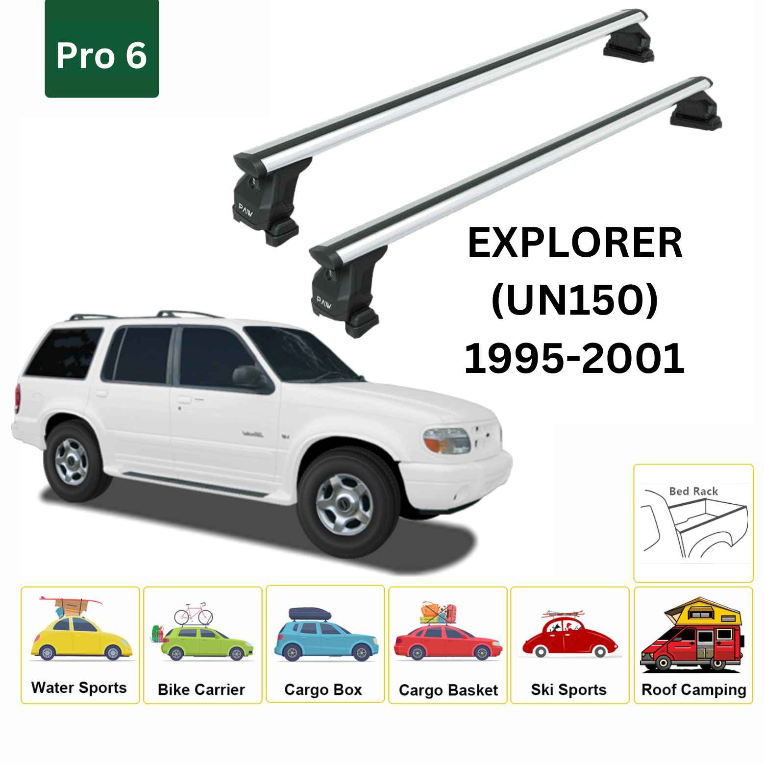 For Ford Explorer (UN150) 1995-01 Roof Rack Cross Bars Fix Point Pro 6 Alu Silver - 0