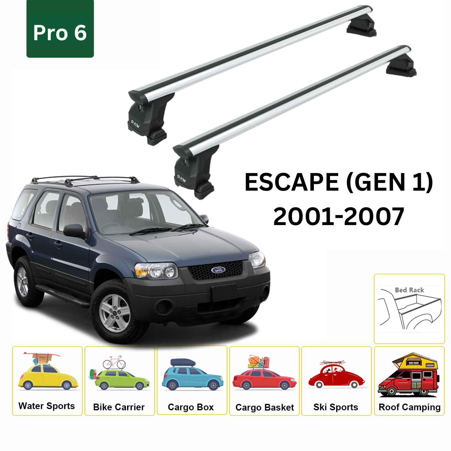 For Ford Escape (Gen 1) 2001-07 Roof Rack Cross Bars Fix Pro 6 Alu Silver