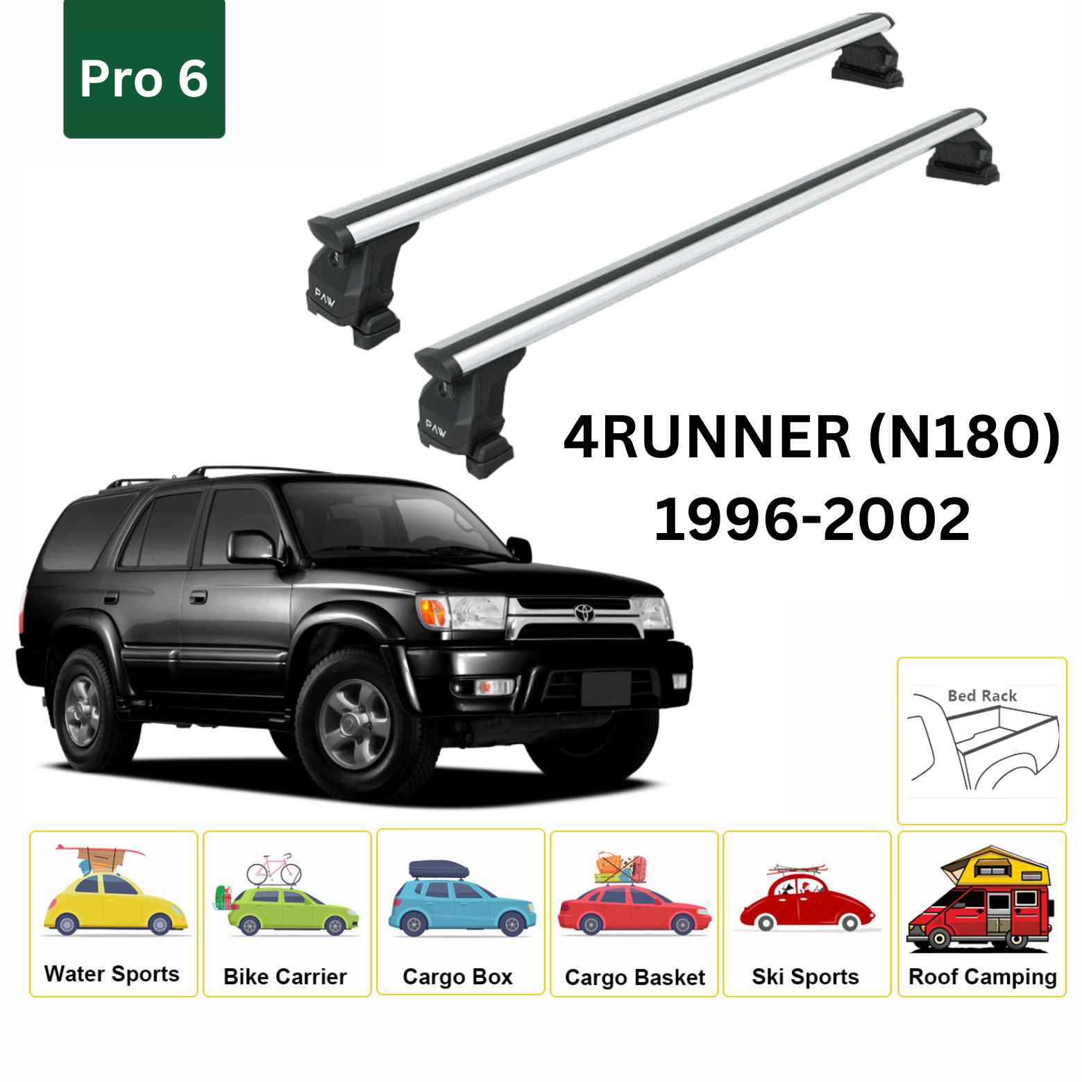 For Toyota 4Runner (N180) 1996-02 Roof Rack Cross Bars Fix Channeled Alu Silver