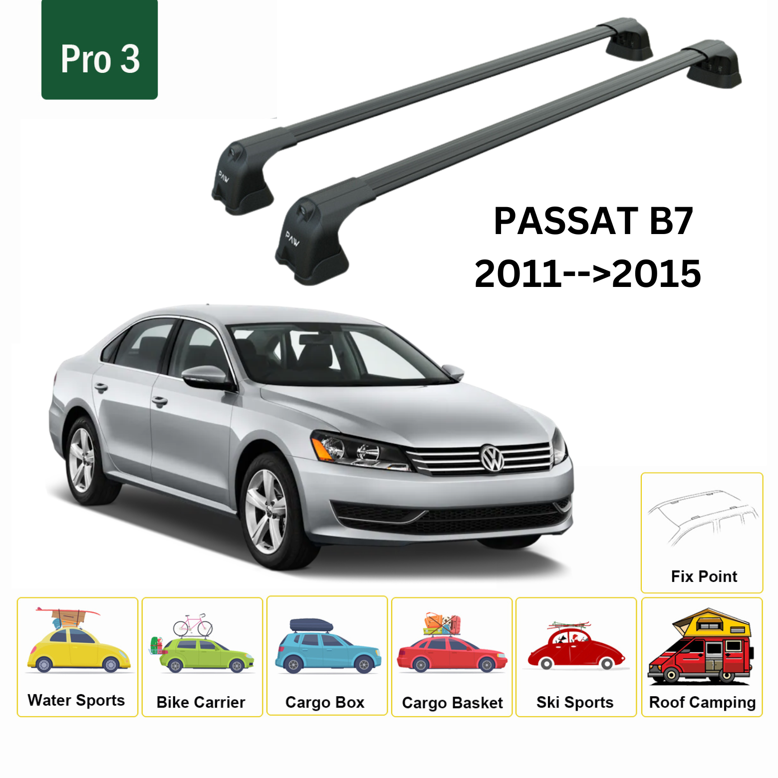 Für Volkswagen Passat B7 2011–15 Dachträger, Querträger, Metallhalterung, Fixpunkt, Alu, Schwarz - 0