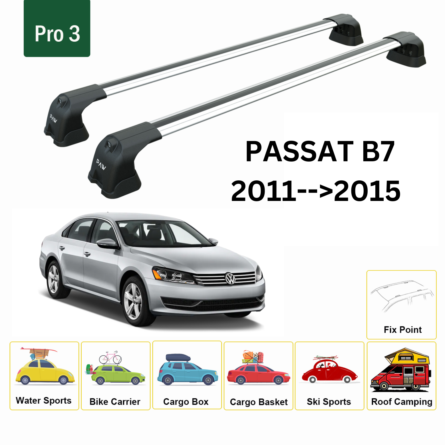 Für Volkswagen Passat B7 2011–15 Dachträger, Querträger, Metallhalterung, Fixpunkt, Alu, Silber - 0