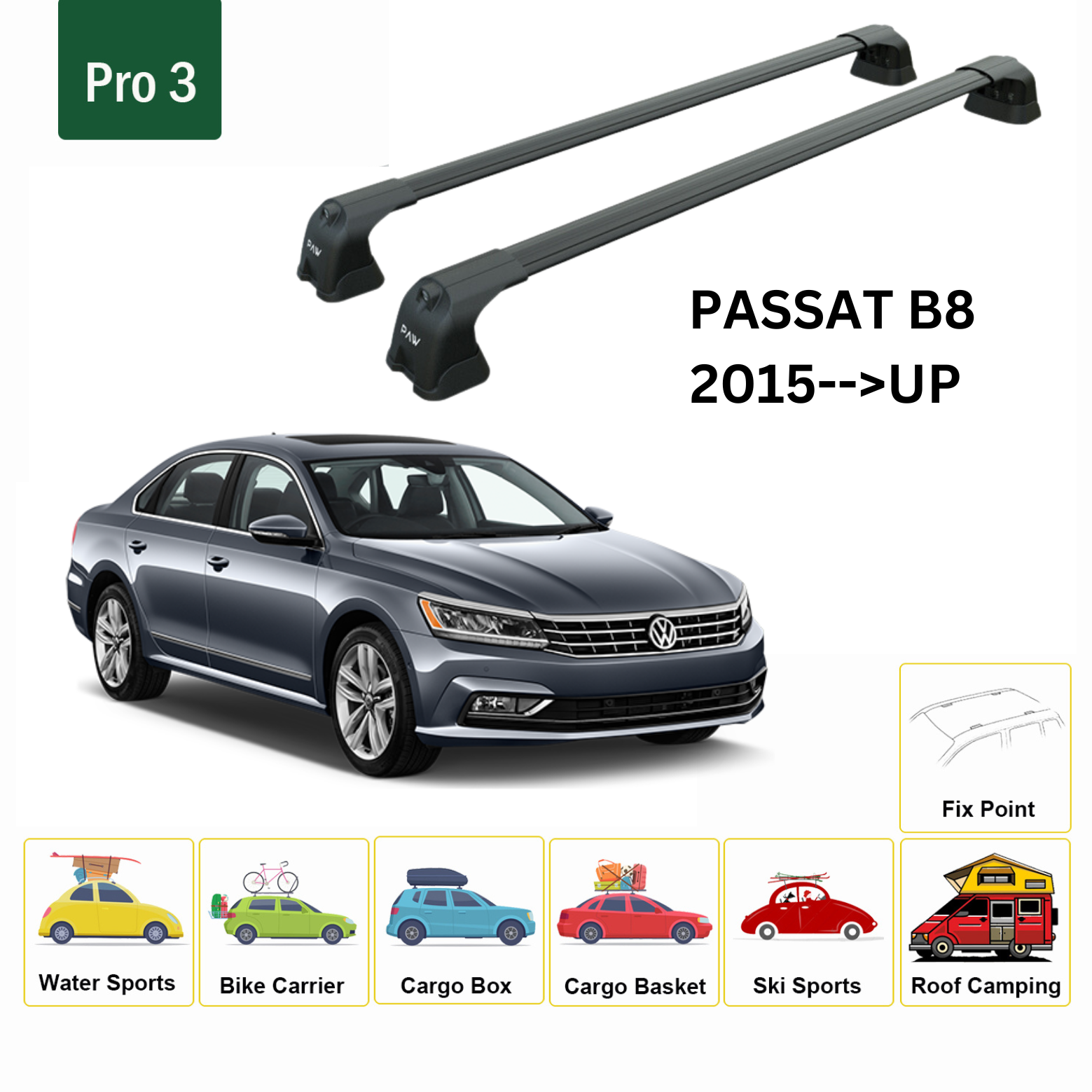 For Volkswagen Passat B8 2015-Up Roof Rack Cross Bar Normal Roof Black - 0
